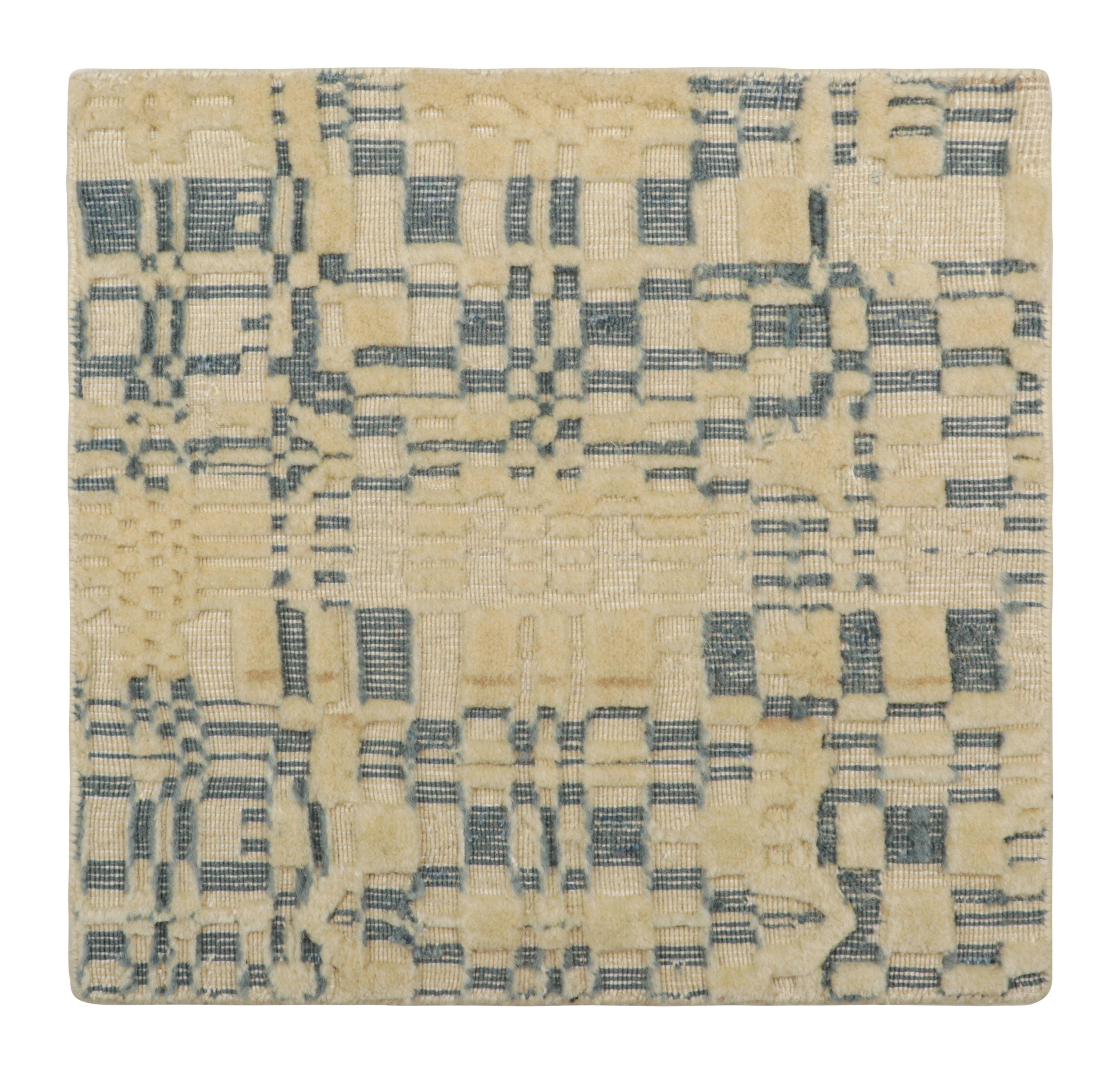 Hand-Knotted Rug & Kilim’s Modern Custom Rug Sample, Cream White and Blue Geometric Pattern For Sale