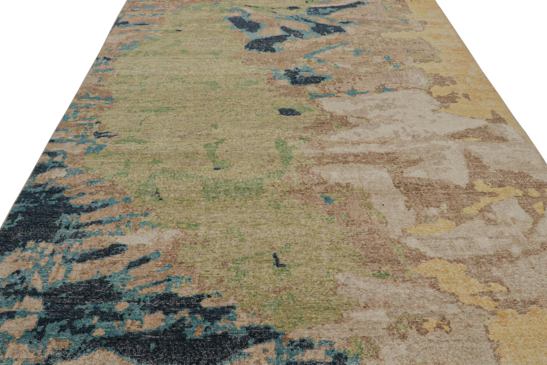 Indian Rug & Kilim’s Modern Distressed Abstract Rug in Green, Beige-Brown and Blue For Sale