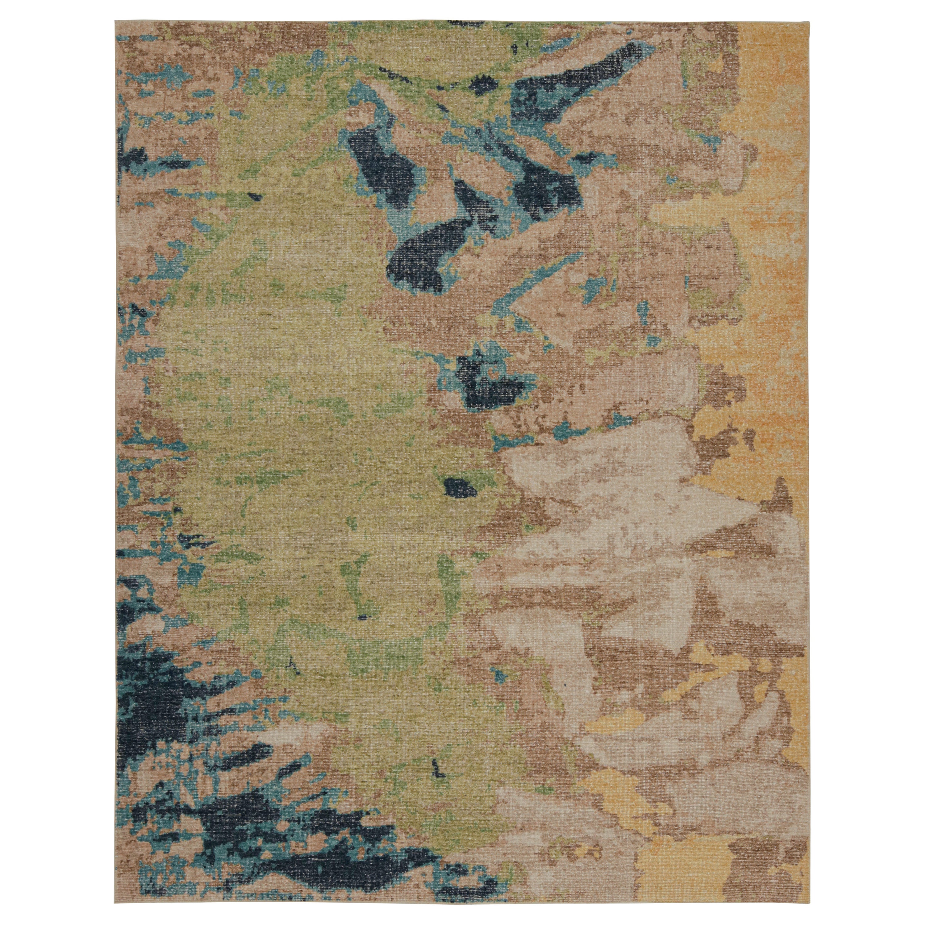 Rug & Kilim's Modern Distressed Abstract Rug in Grün, Beige-Braun und Blau