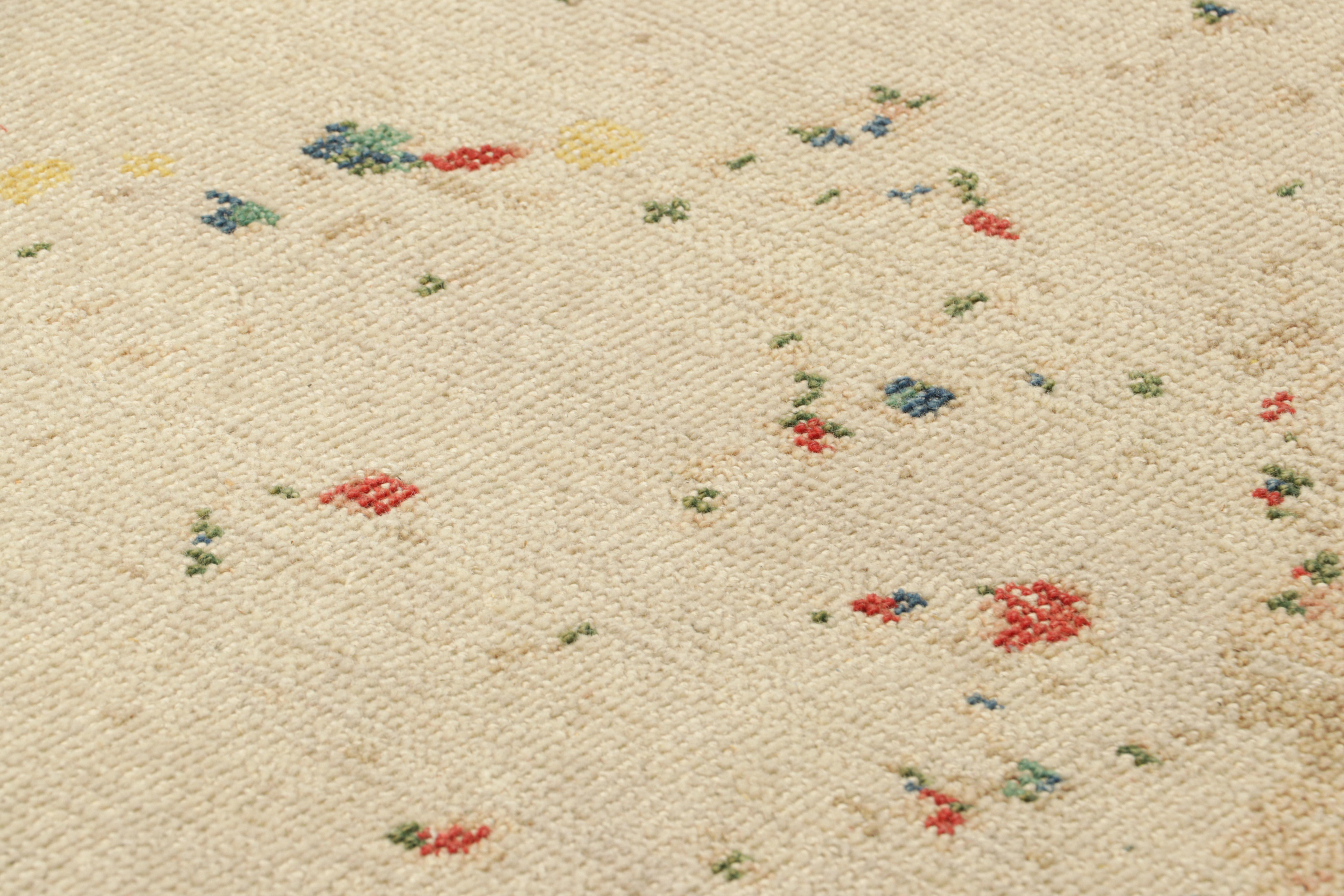 Indian Rug & Kilim’s Modern Distressed Art Rug in White with Colorful Abstract Patterns For Sale