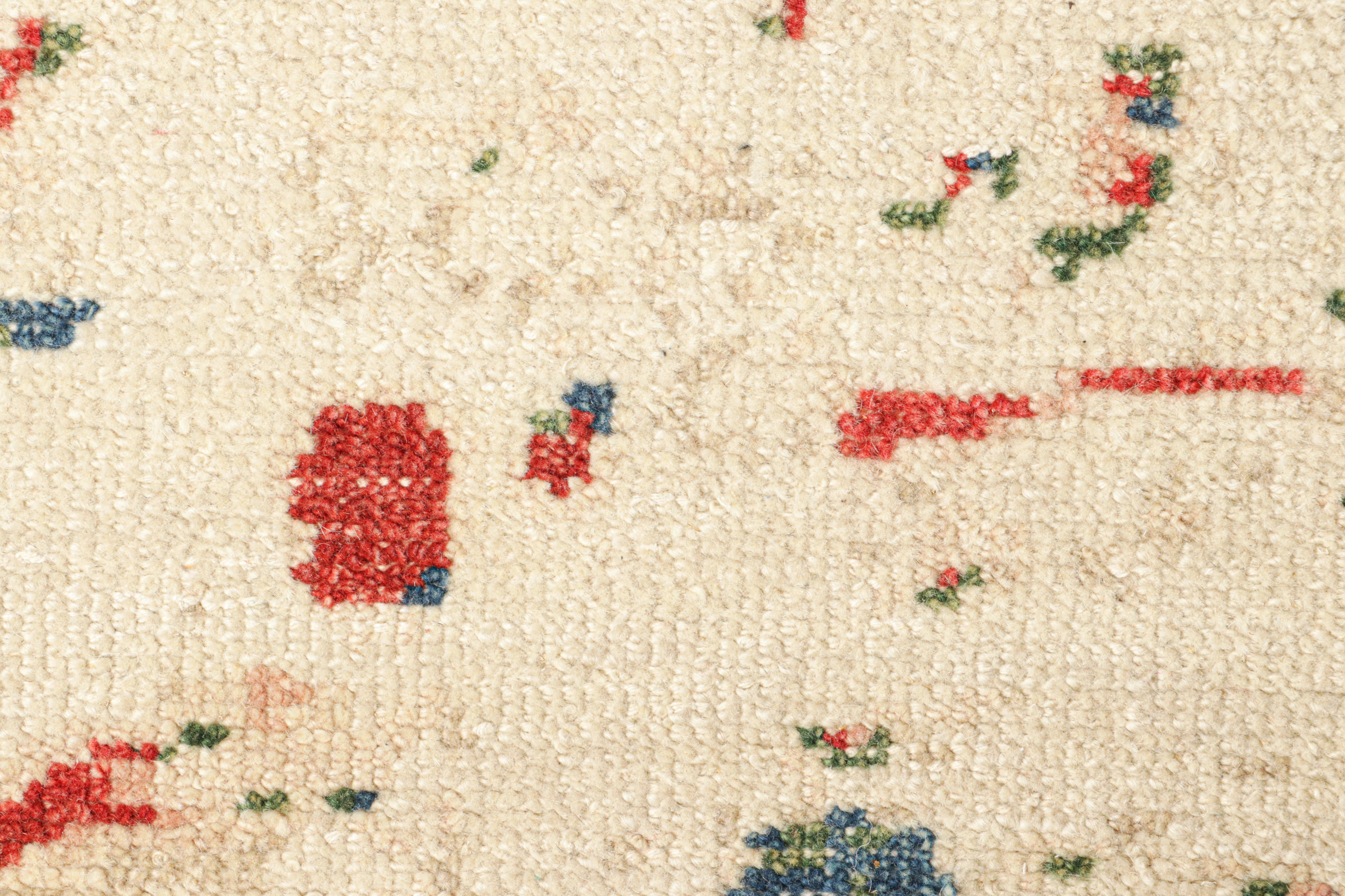 Indian Rug & Kilim’s Modern Distressed Art Rug in White with Colorful Abstract Patterns For Sale