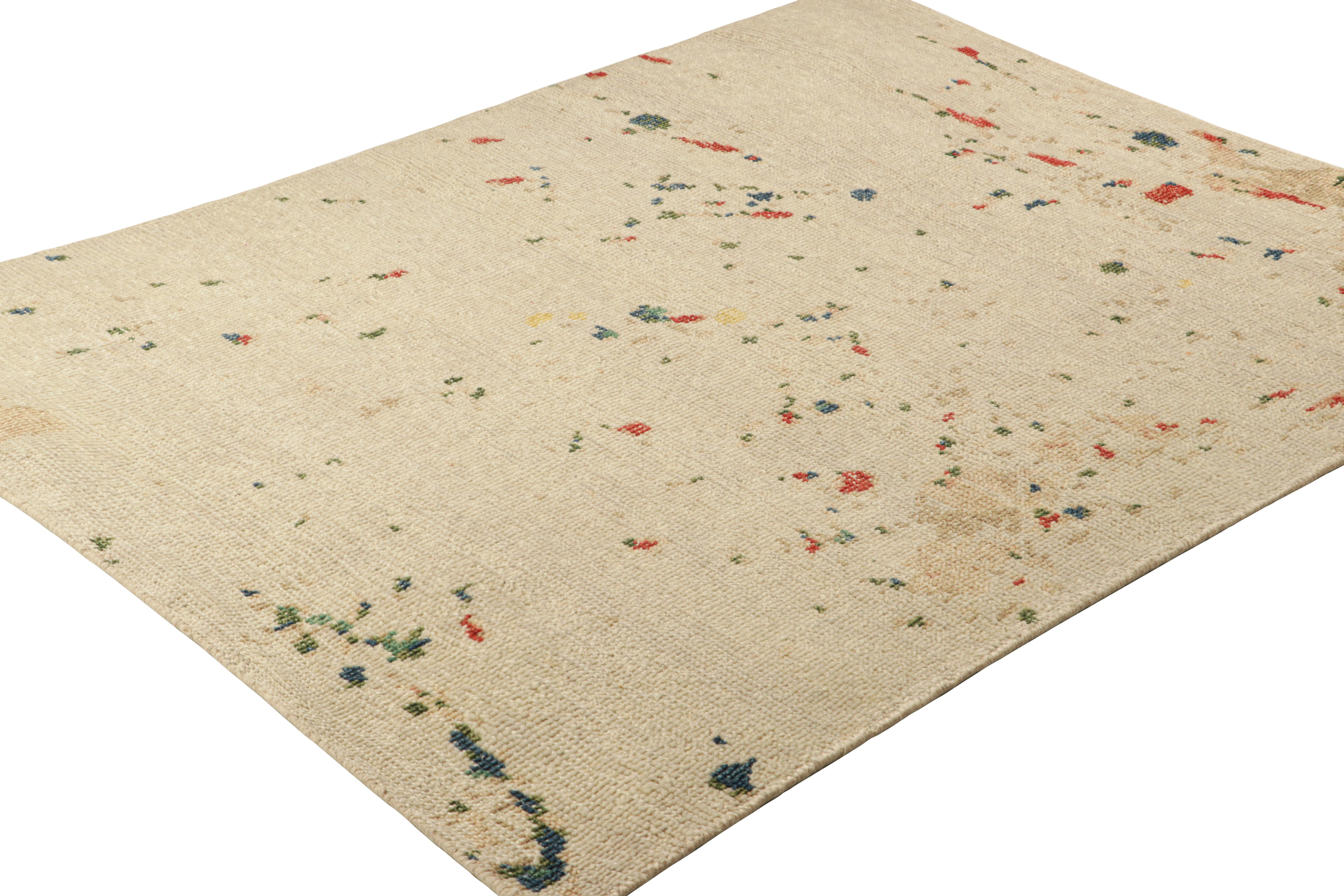 Hand-Knotted Rug & Kilim’s Modern Distressed Art Rug in White with Colorful Abstract Patterns For Sale
