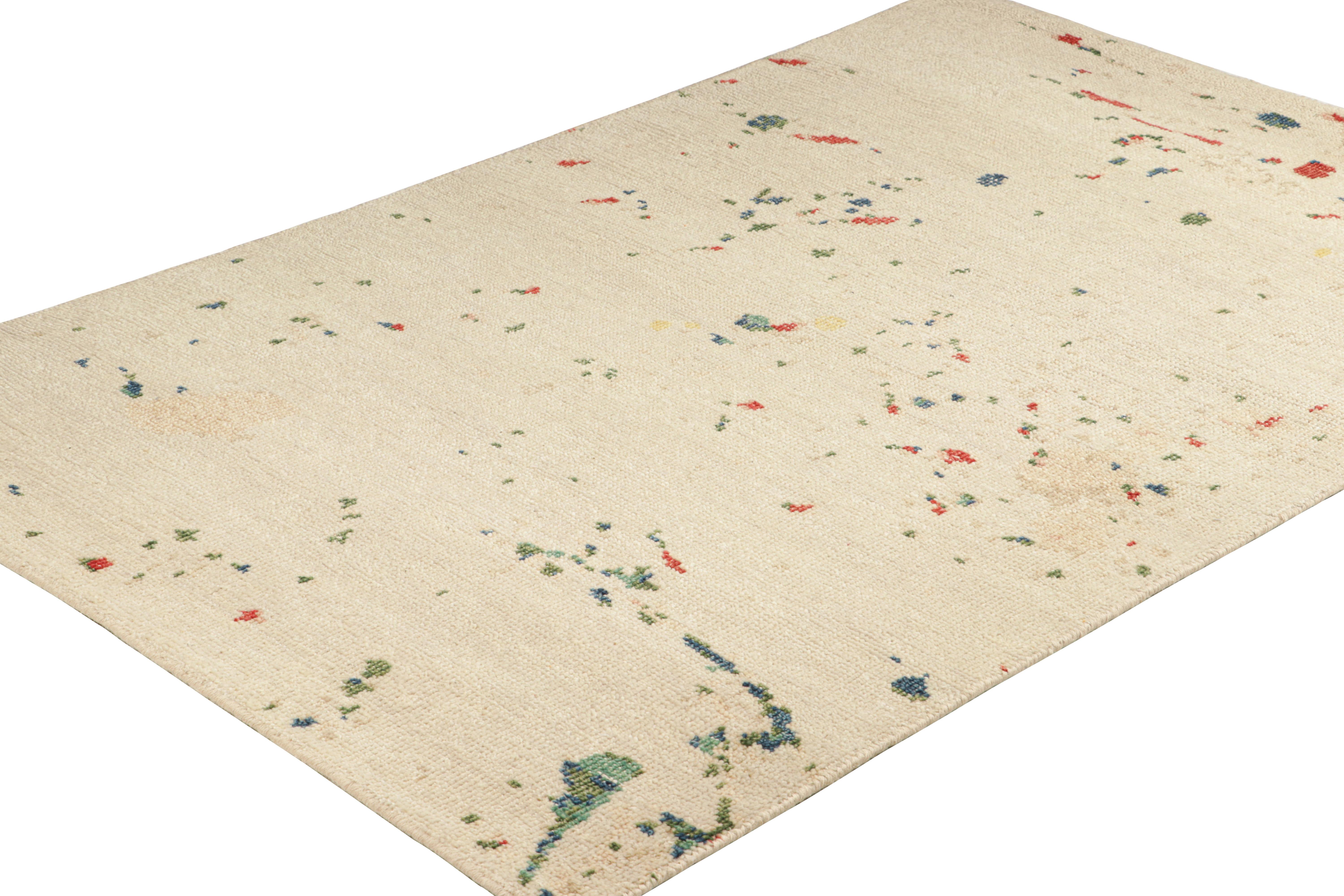 Hand-Knotted Rug & Kilim’s Modern Distressed Art Rug in White with Colorful Abstract Patterns For Sale