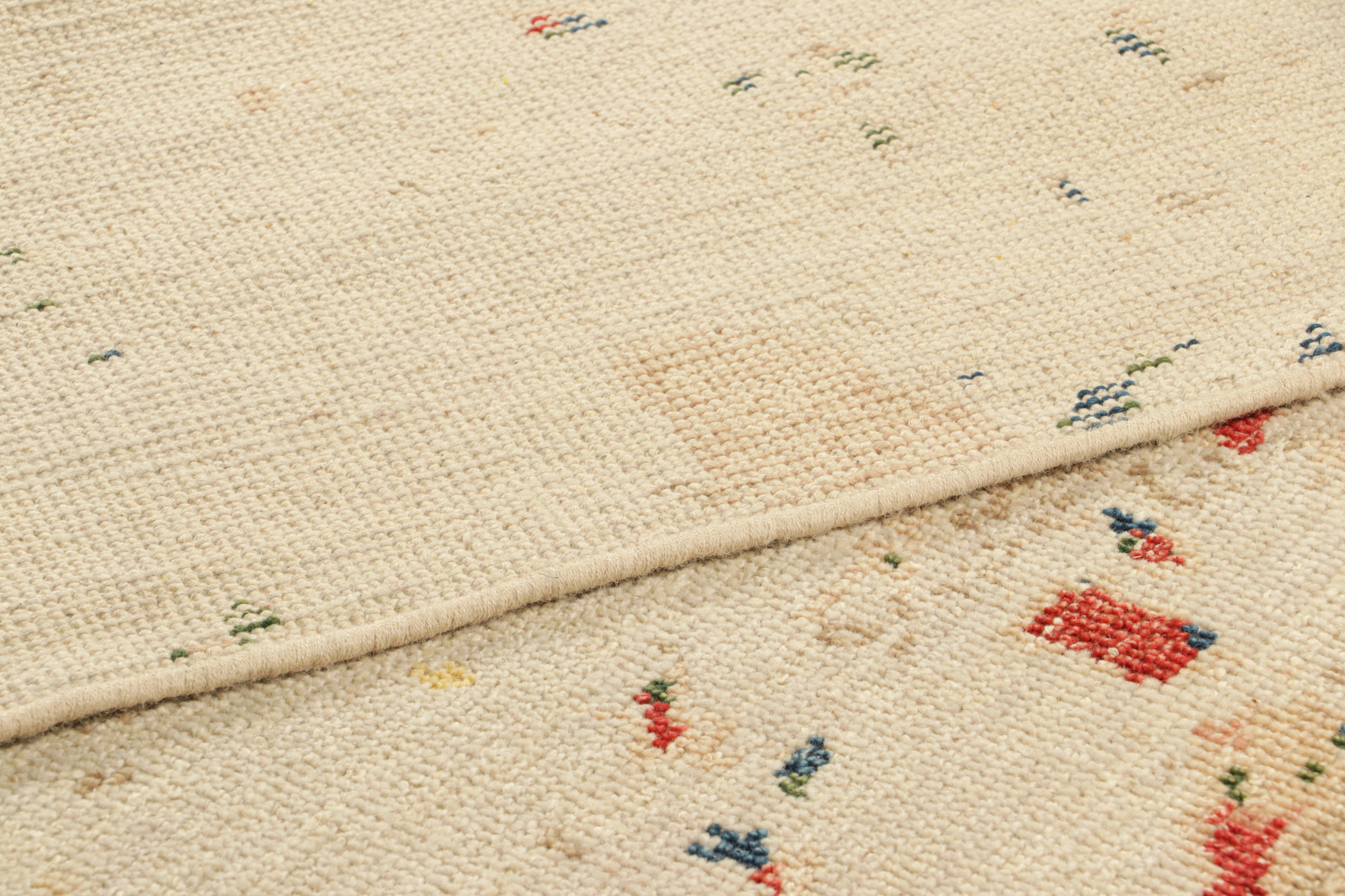 Wool Rug & Kilim’s Modern Distressed Art Rug in White with Colorful Abstract Patterns For Sale