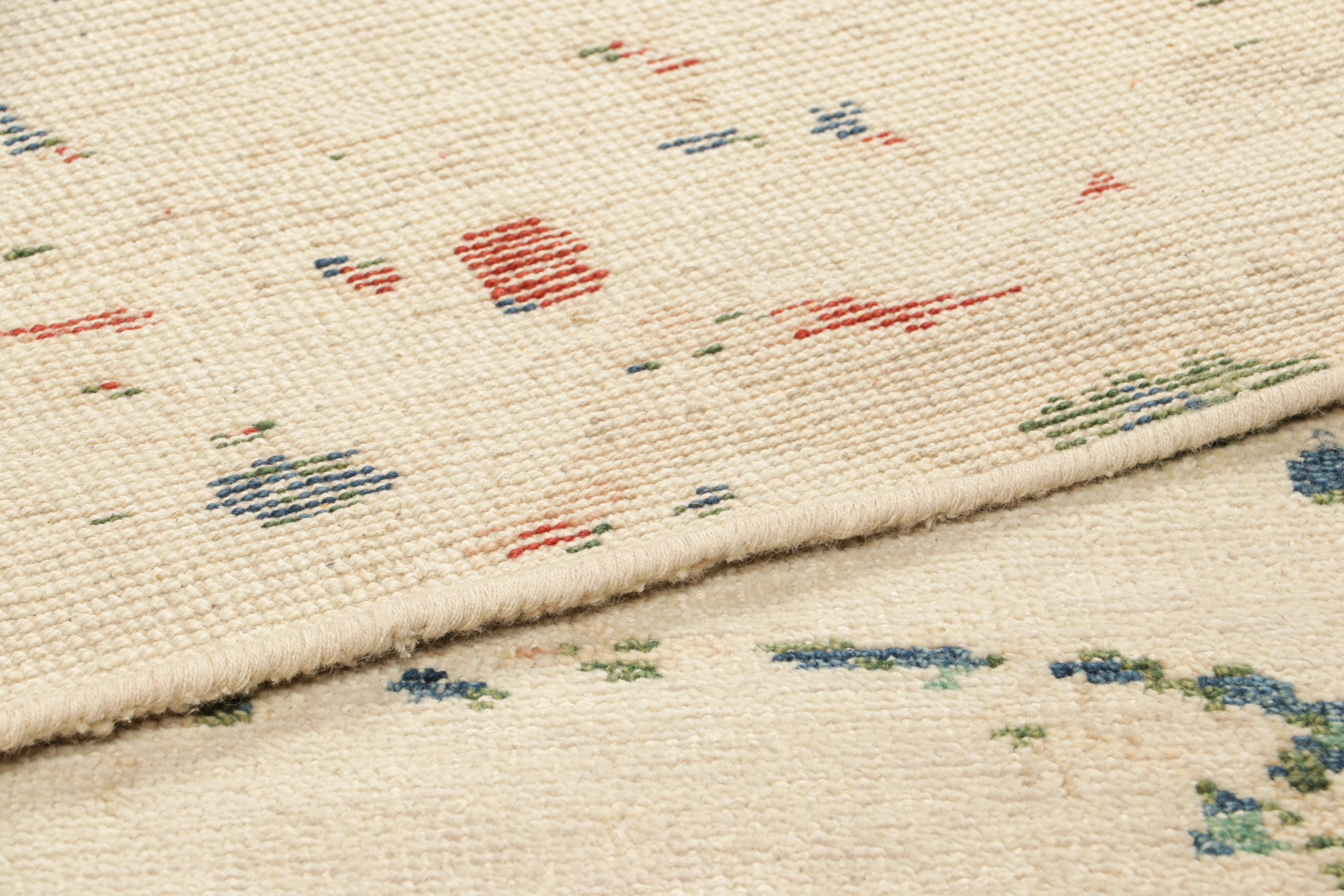 Wool Rug & Kilim’s Modern Distressed Art Rug in White with Colorful Abstract Patterns For Sale