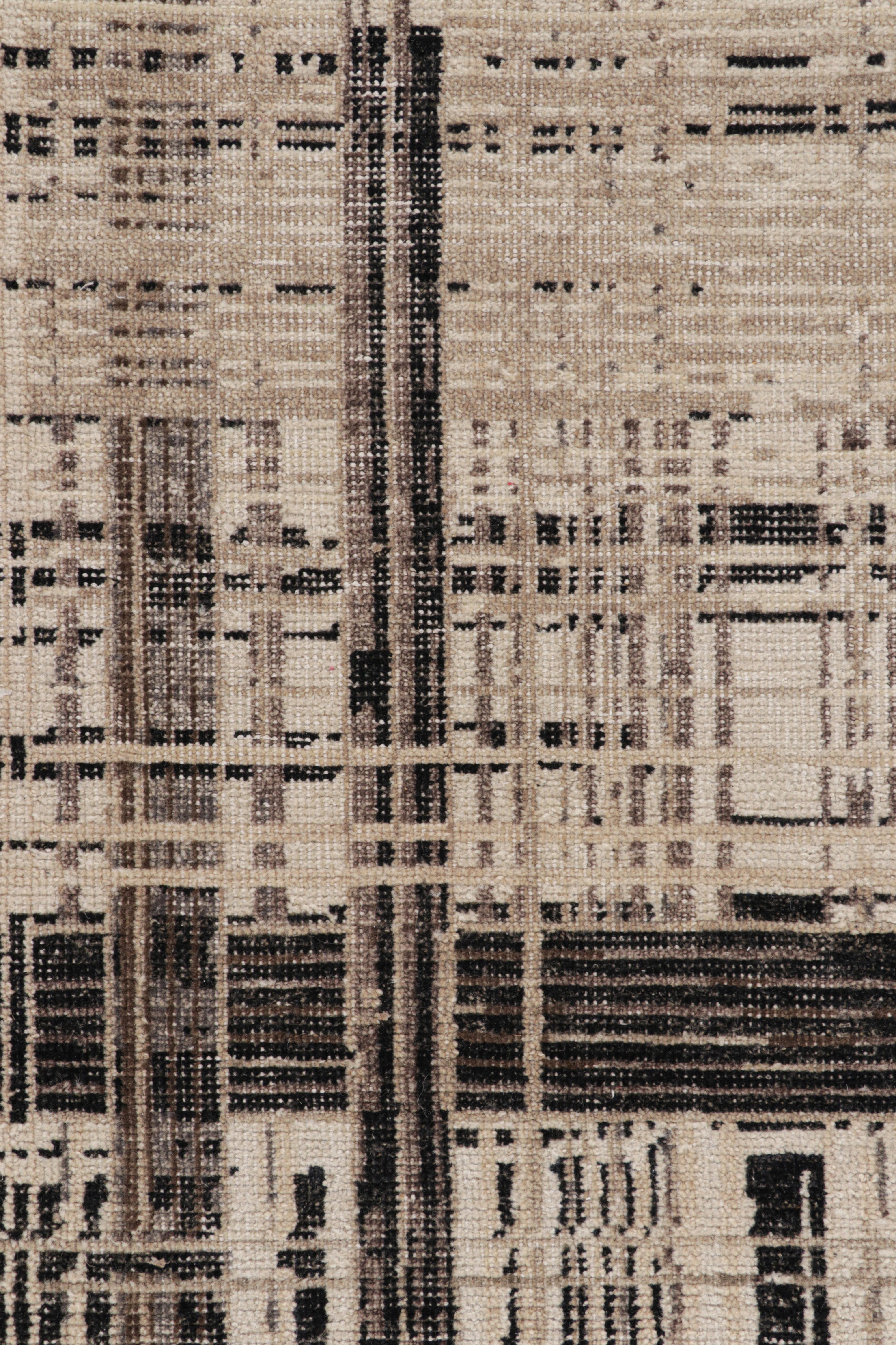 Wool Rug & Kilim’s Modern Distressed Geometric Rug in Beige/Brown White & Black Tones For Sale