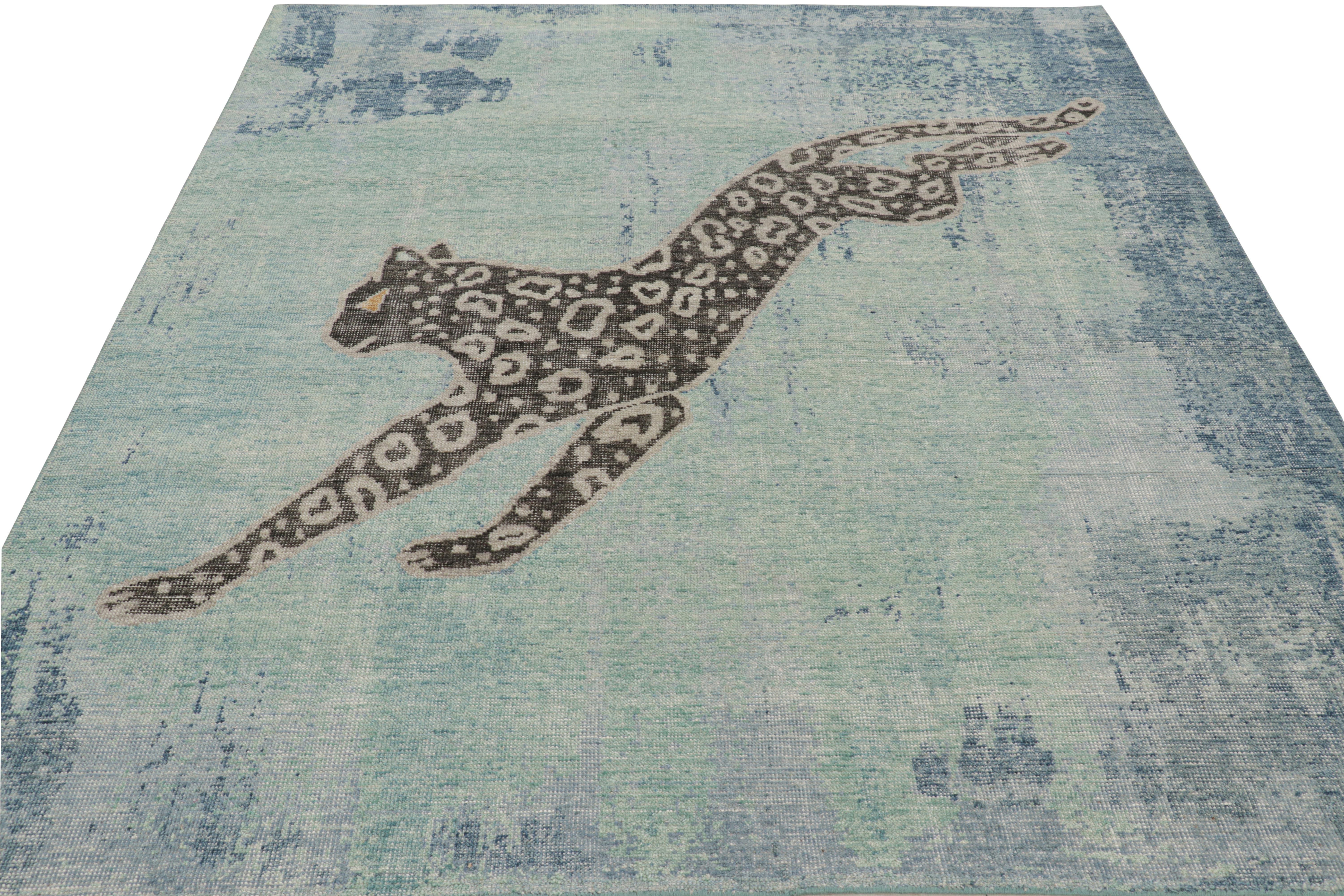 Hand-Knotted Rug & Kilim’s Modern Distressed Rug in Green and Blue with Leopard Pictorial For Sale