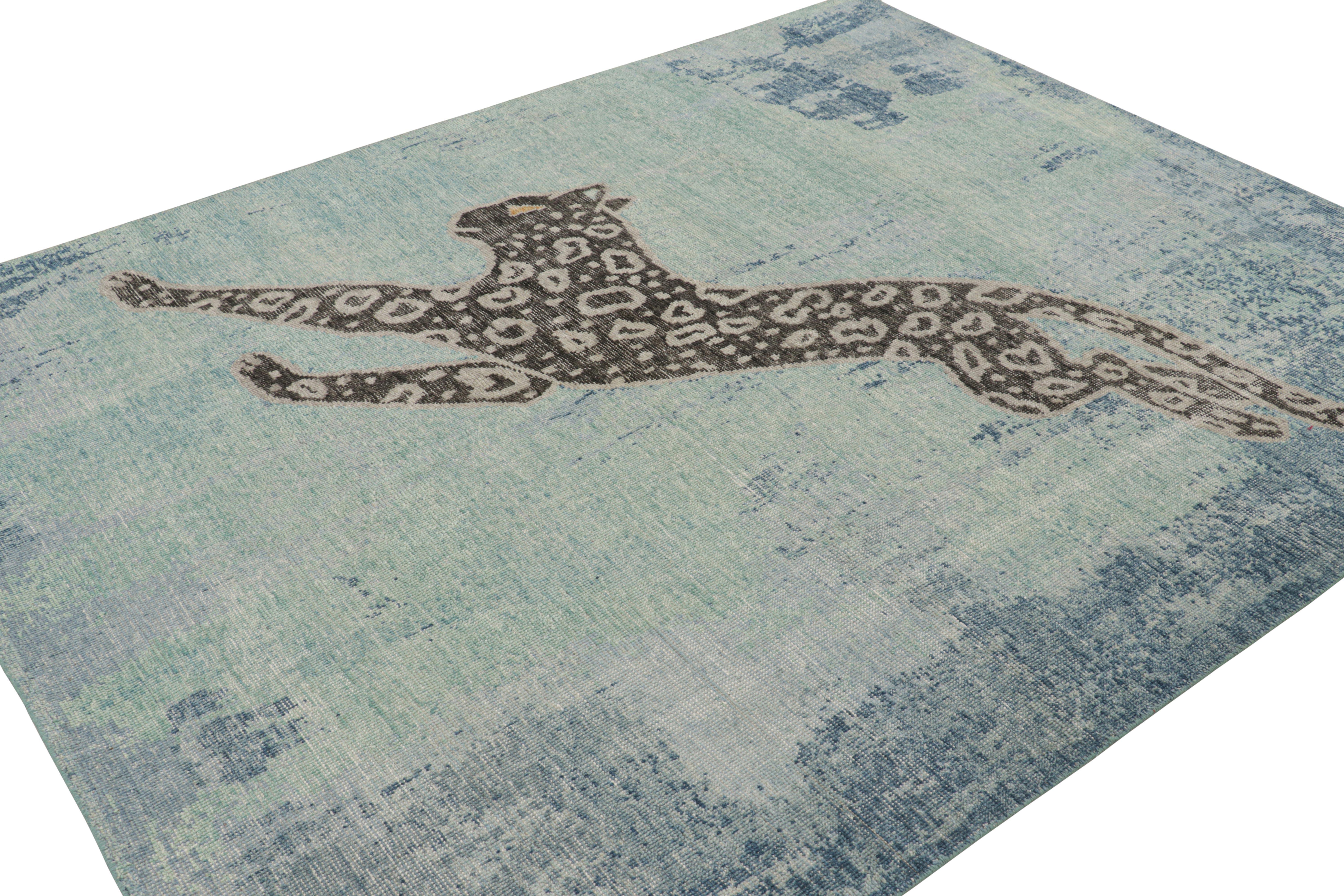 Rug & Kilim’s Modern Distressed Rug in Green and Blue with Leopard Pictorial In New Condition For Sale In Long Island City, NY