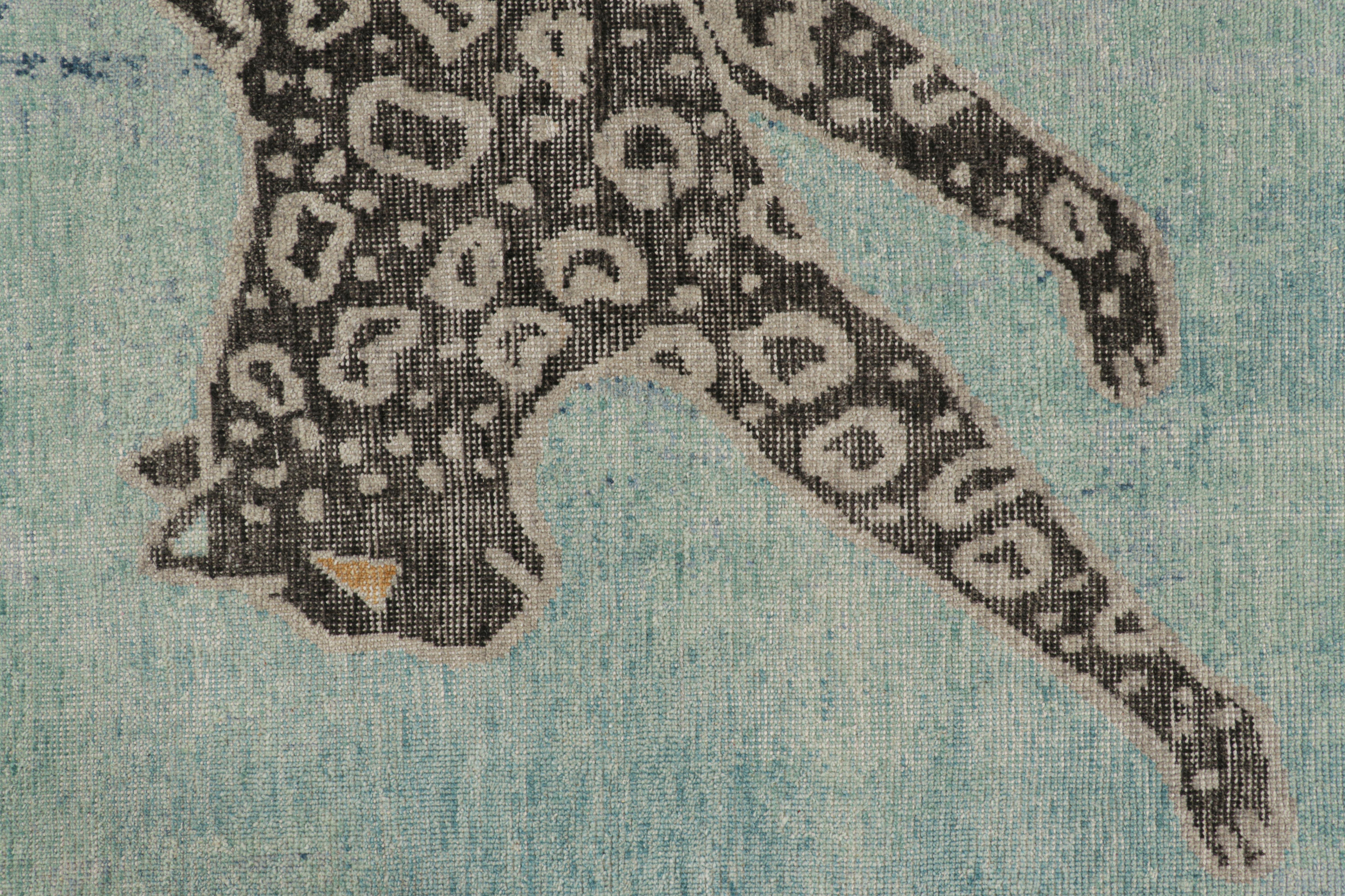 Contemporary Rug & Kilim’s Modern Distressed Rug in Green and Blue with Leopard Pictorial For Sale