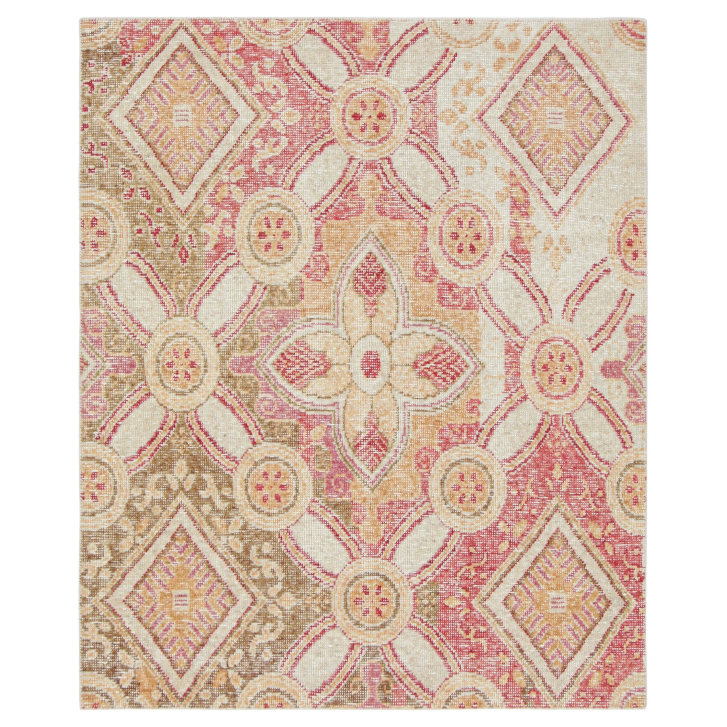 Tapis moderne vieilli de Rug & Kilim avec treillis rouge, vert, or et blanc en vente