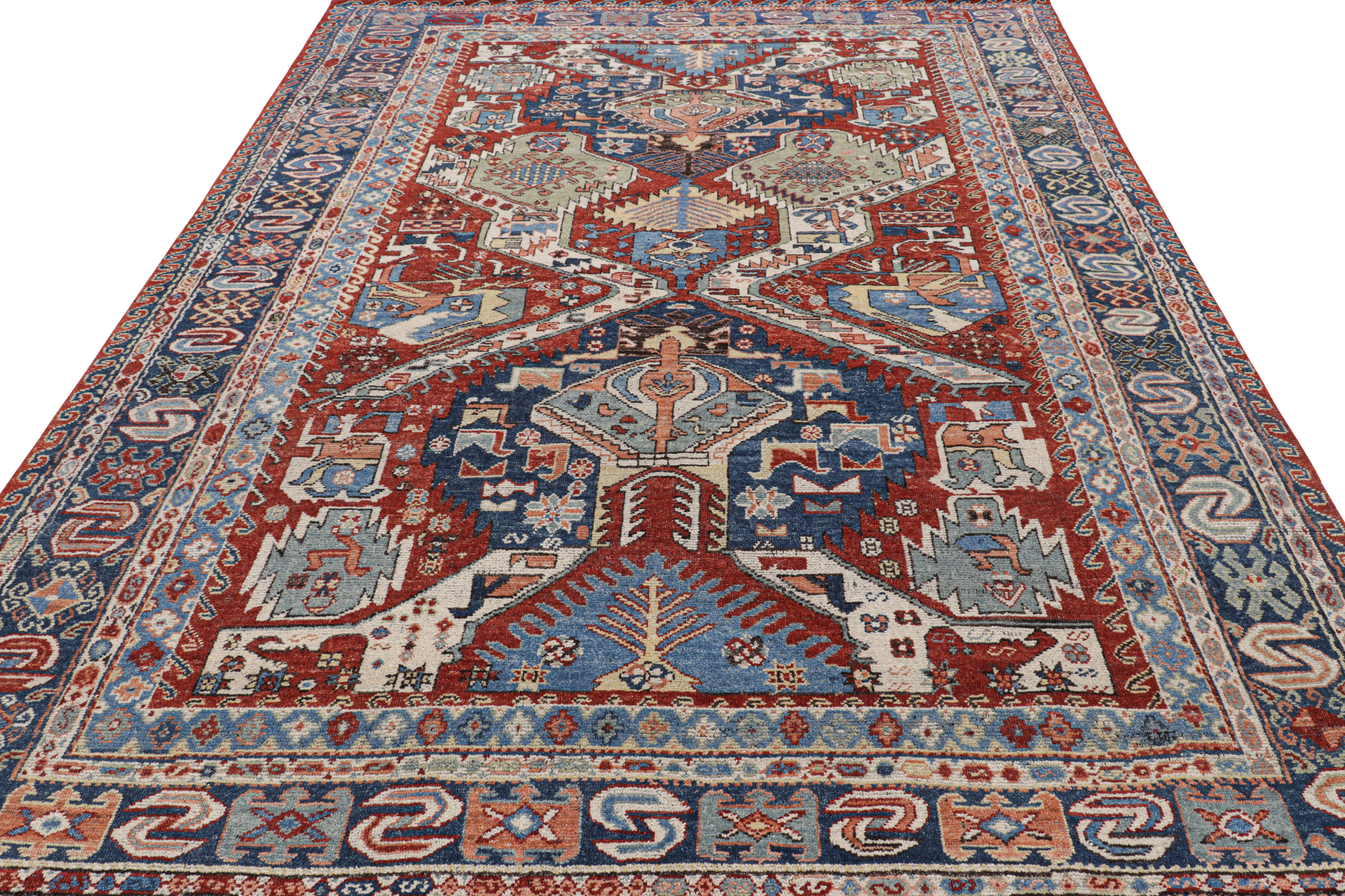 Annodato a mano Il moderno tappeto Dragon Soumak di Rug & Kilim con motivi geometrici rossi e blu in vendita