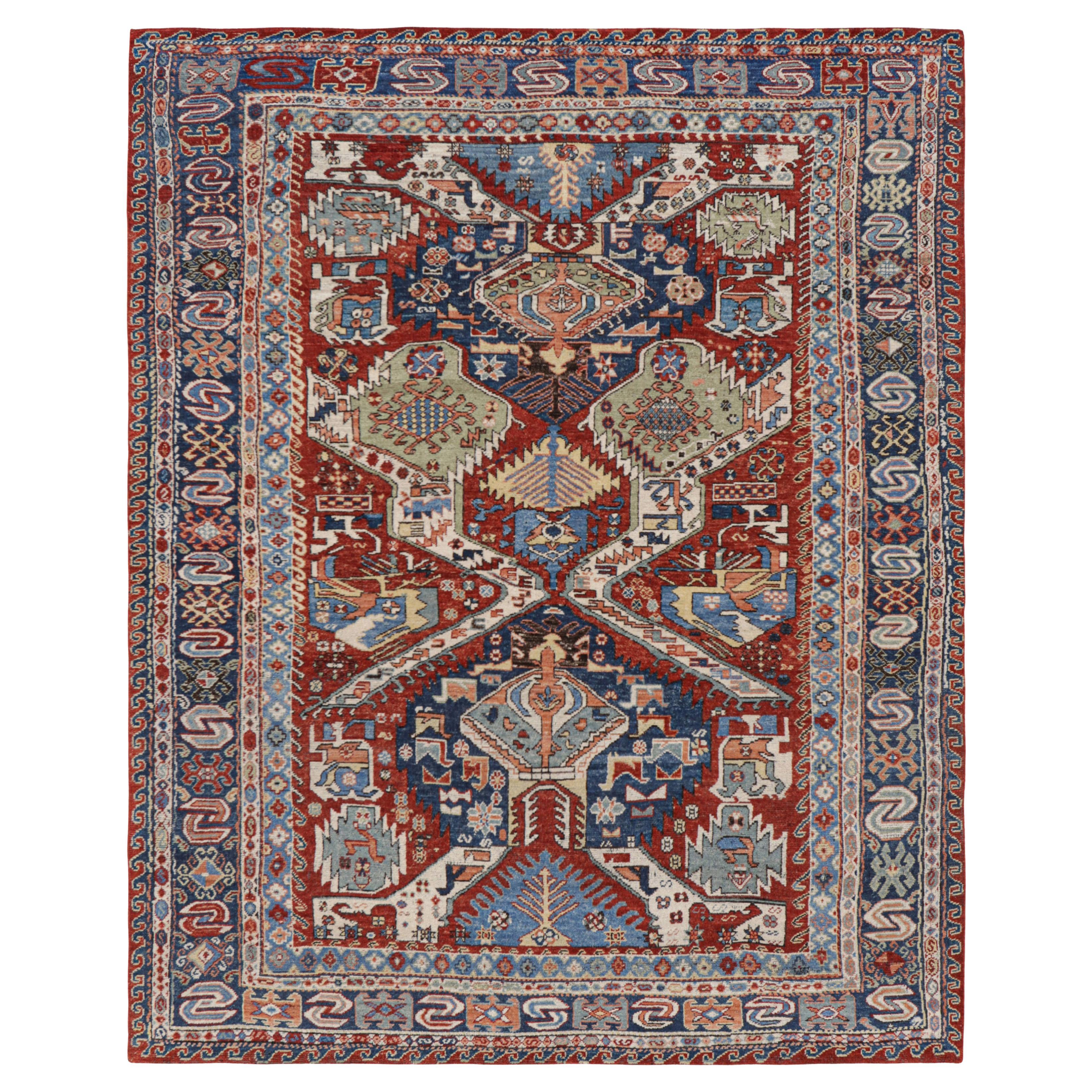 Rug & Kilim’s Modern Dragon Soumak Rug with Red and Blue Geometric Patterns