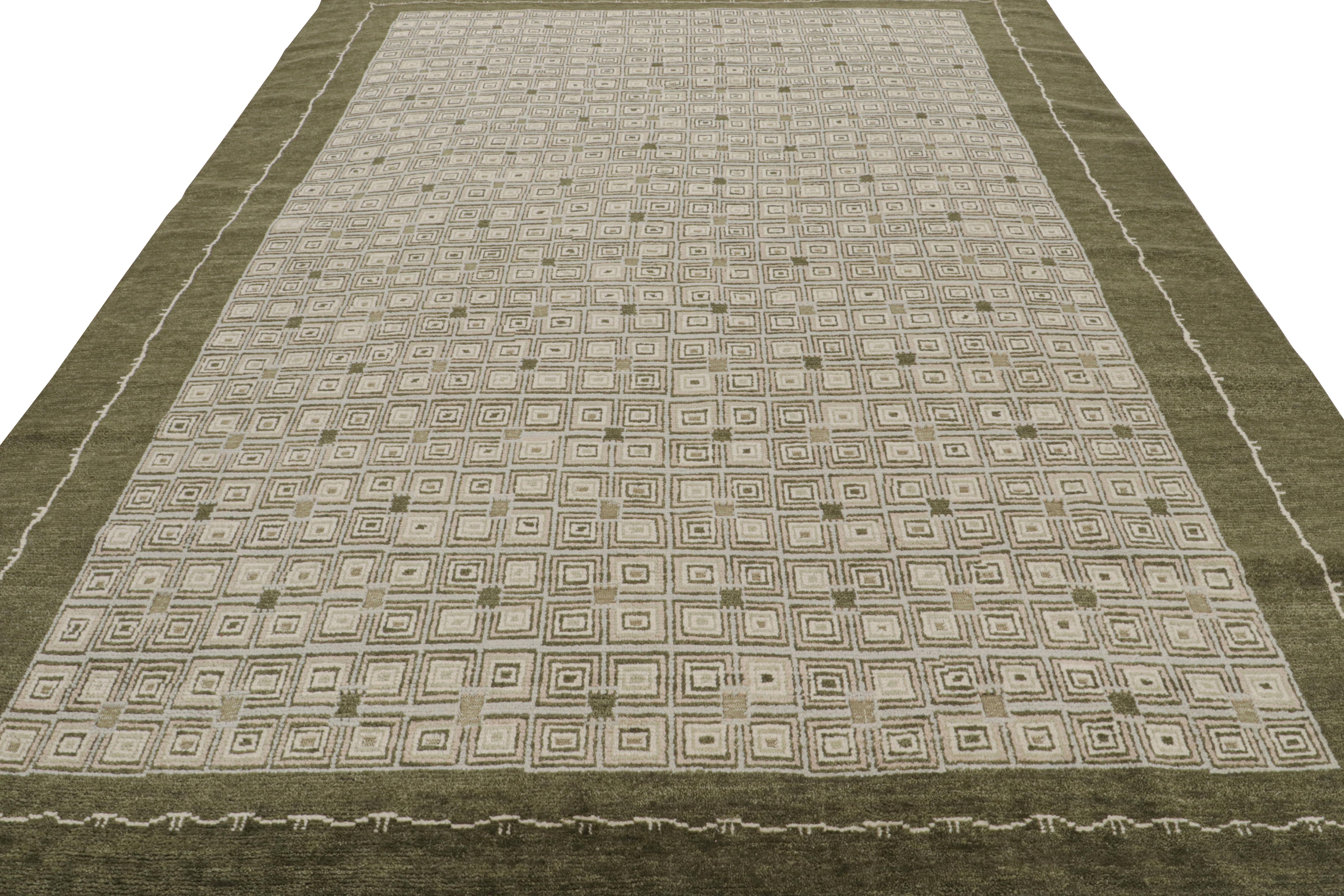 Indian Rug & Kilim’s Modern French Art Deco Style Rug in Green with Geometric Pattern For Sale
