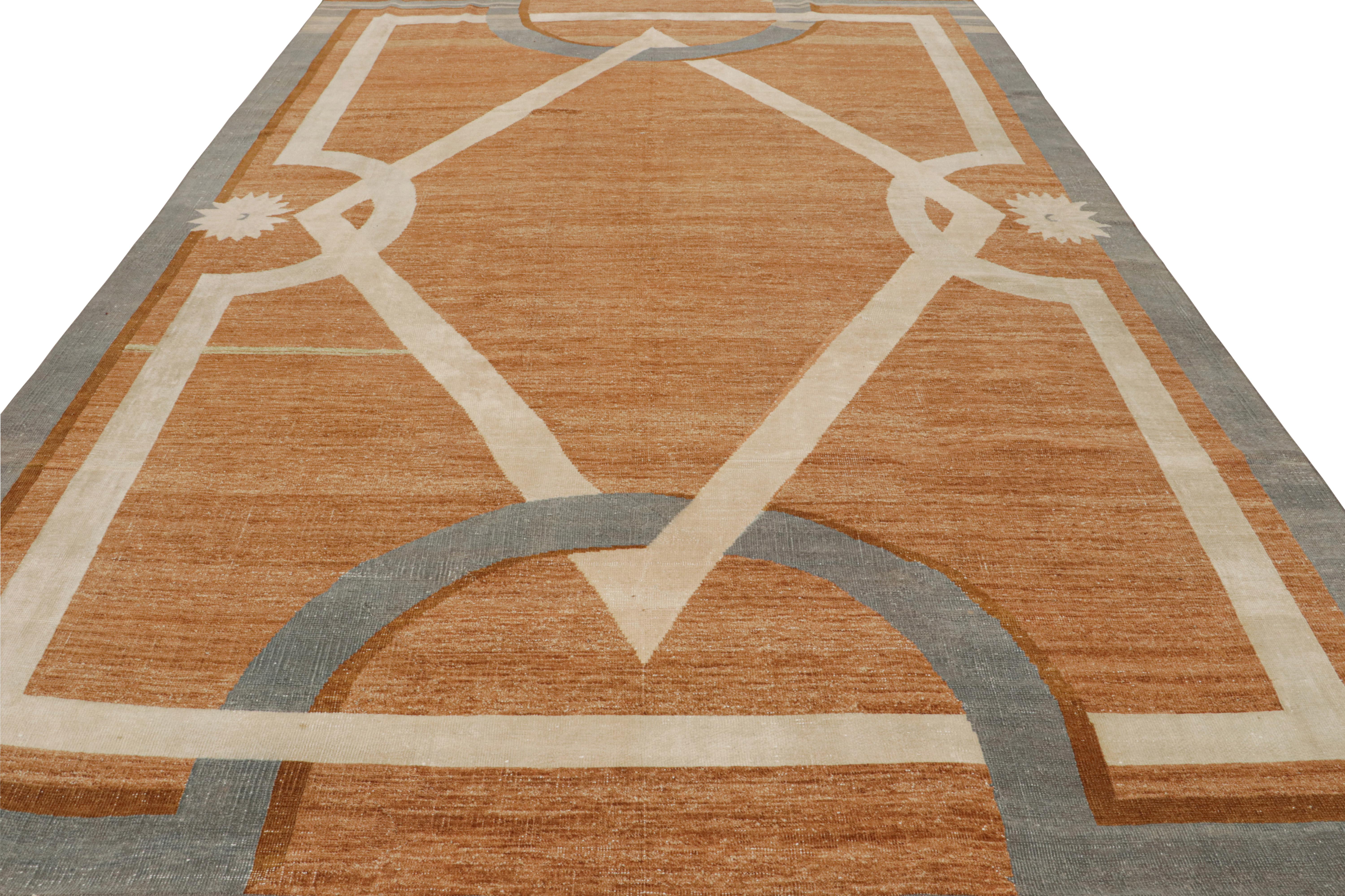 Indian Rug & Kilim’s Modern French Art Deco Style Rug in Orange with Geometric Pattern For Sale