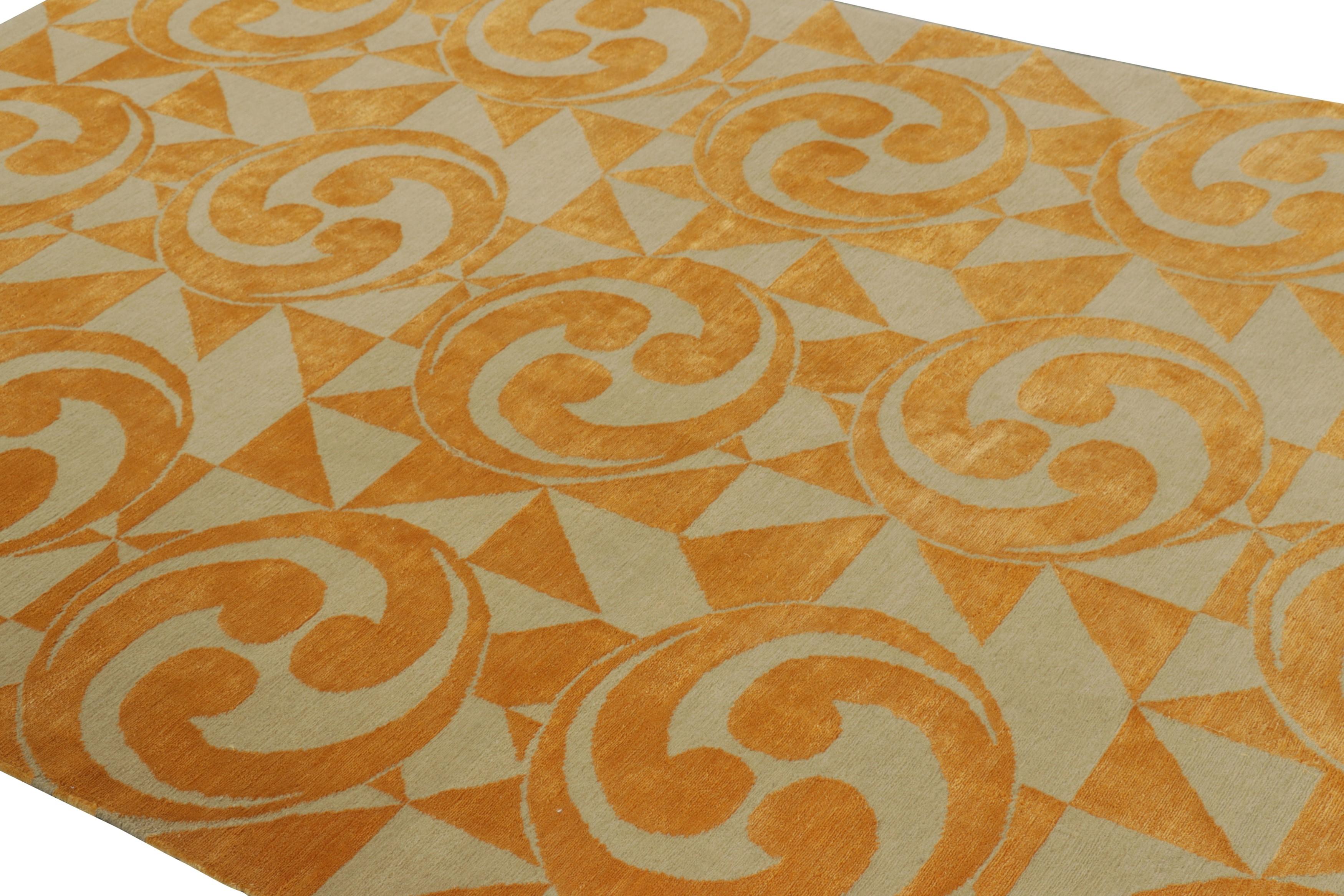Made with hand-knotted wool and silk, this 6x9 contemporary rug is the latest addition to the Modern Collection by Rug & Kilim. 

On the Design: 

This contemporary rug presents an extraordinary meditation on geometric rhythm, where repeating spiral