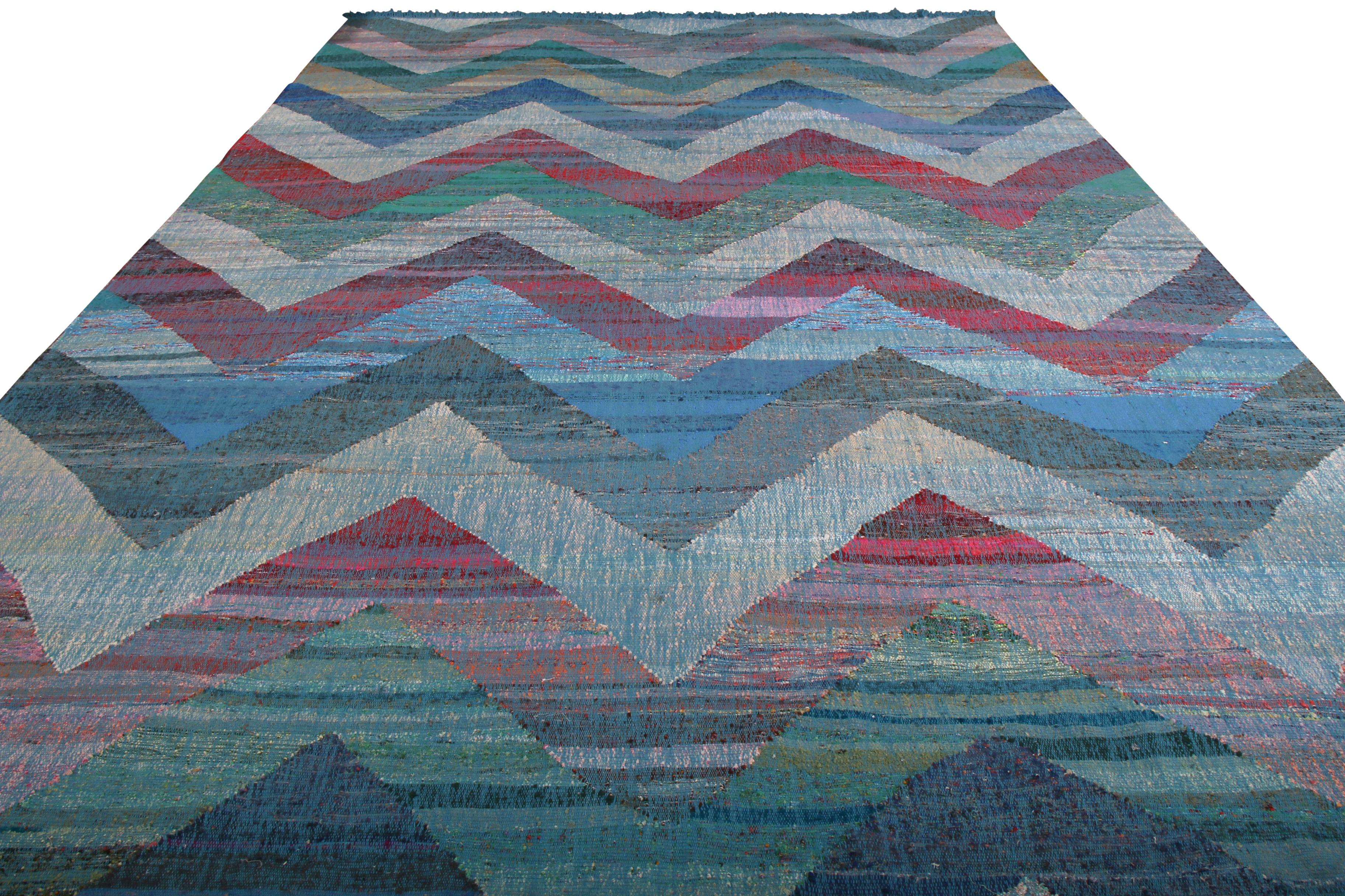 This modern Kilim represents a selection of distinct new patterns joining Rug & Kilim’s new and modern collection, uniquely handwoven from the yarns of Classic textiles and Kilims to create this transitional flat-weave and its lively, varied