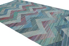 Rug & Kilim's Modern Geometric Wool Kilim Blue Green Multi-Color Chevron Pattern