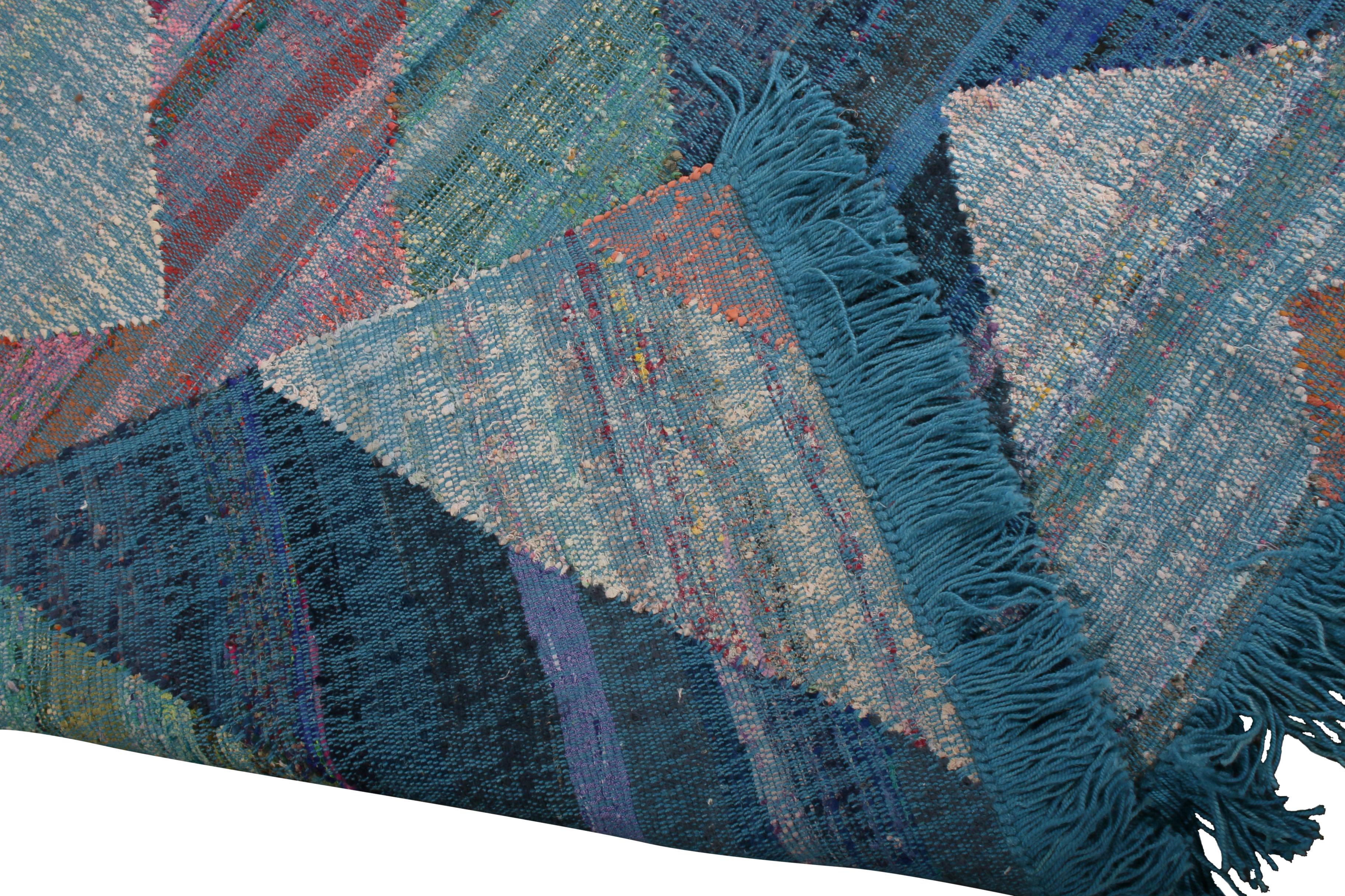 Contemporary Rug & Kilim's Modern Geometric Wool Kilim Blue Green Multi-Color Chevron Pattern For Sale