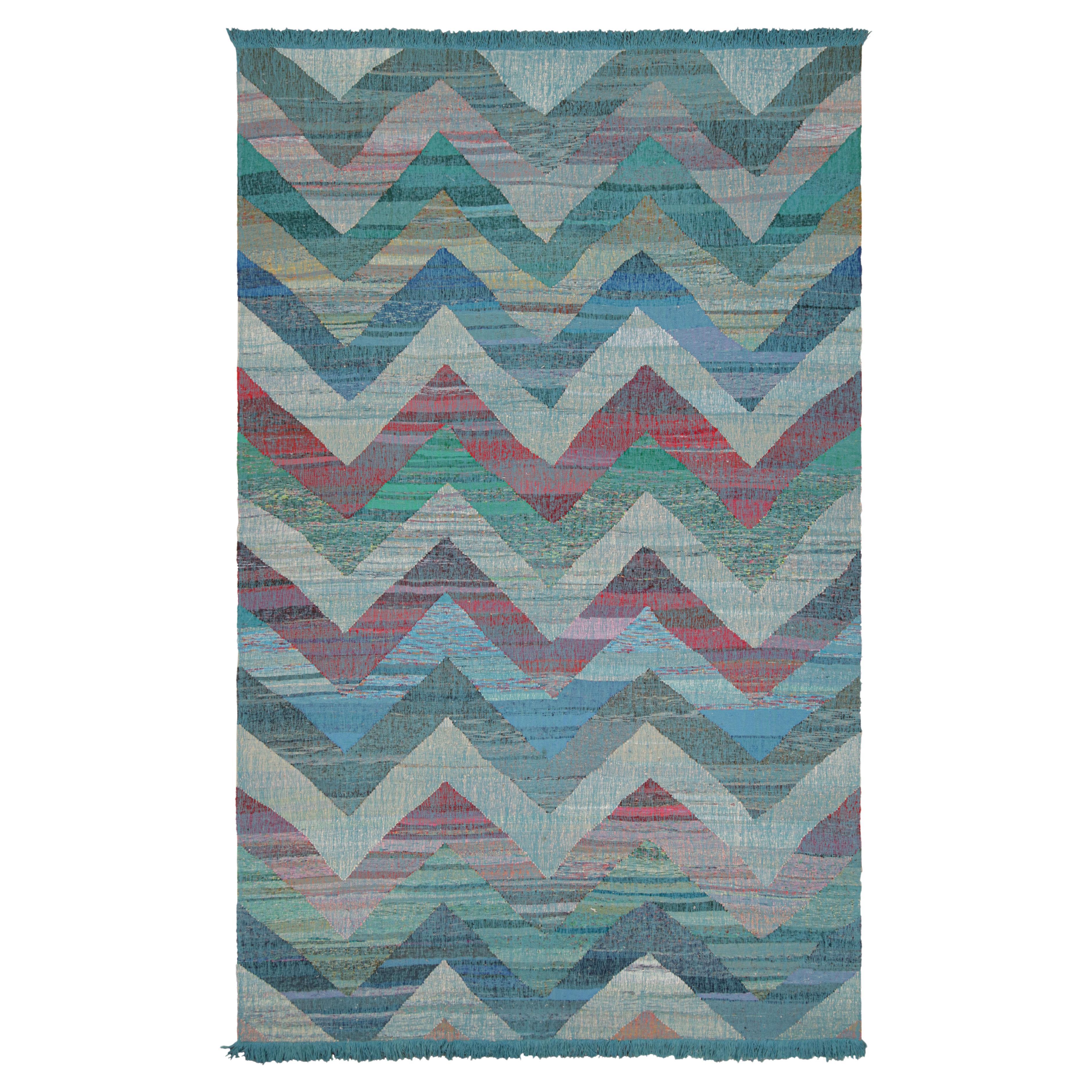 Rug & Kilim's Modern Geometric Wool Kilim Blue Green Multi-Color Chevron Pattern