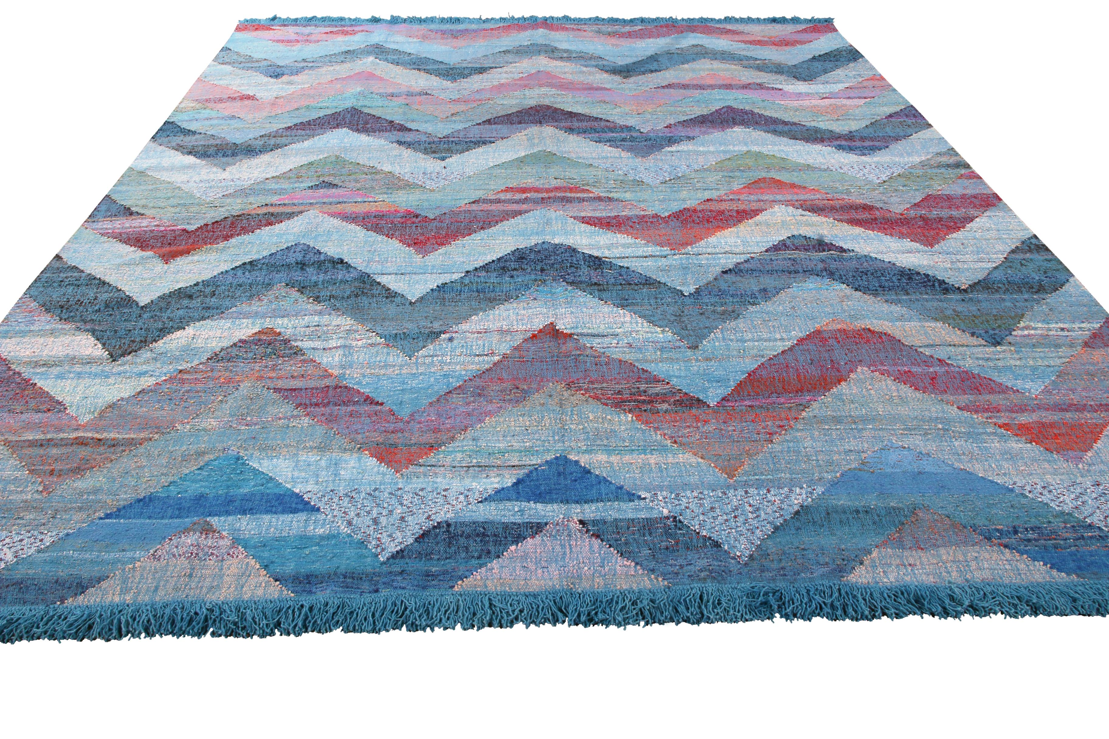This modern Kilim represents a selection of distinct new patterns joining Rug & Kilim’s New and Modern collection, uniquely handwoven from the yarns of Classic textiles and Kilims to create this transitional flat-weave and its lively, varied