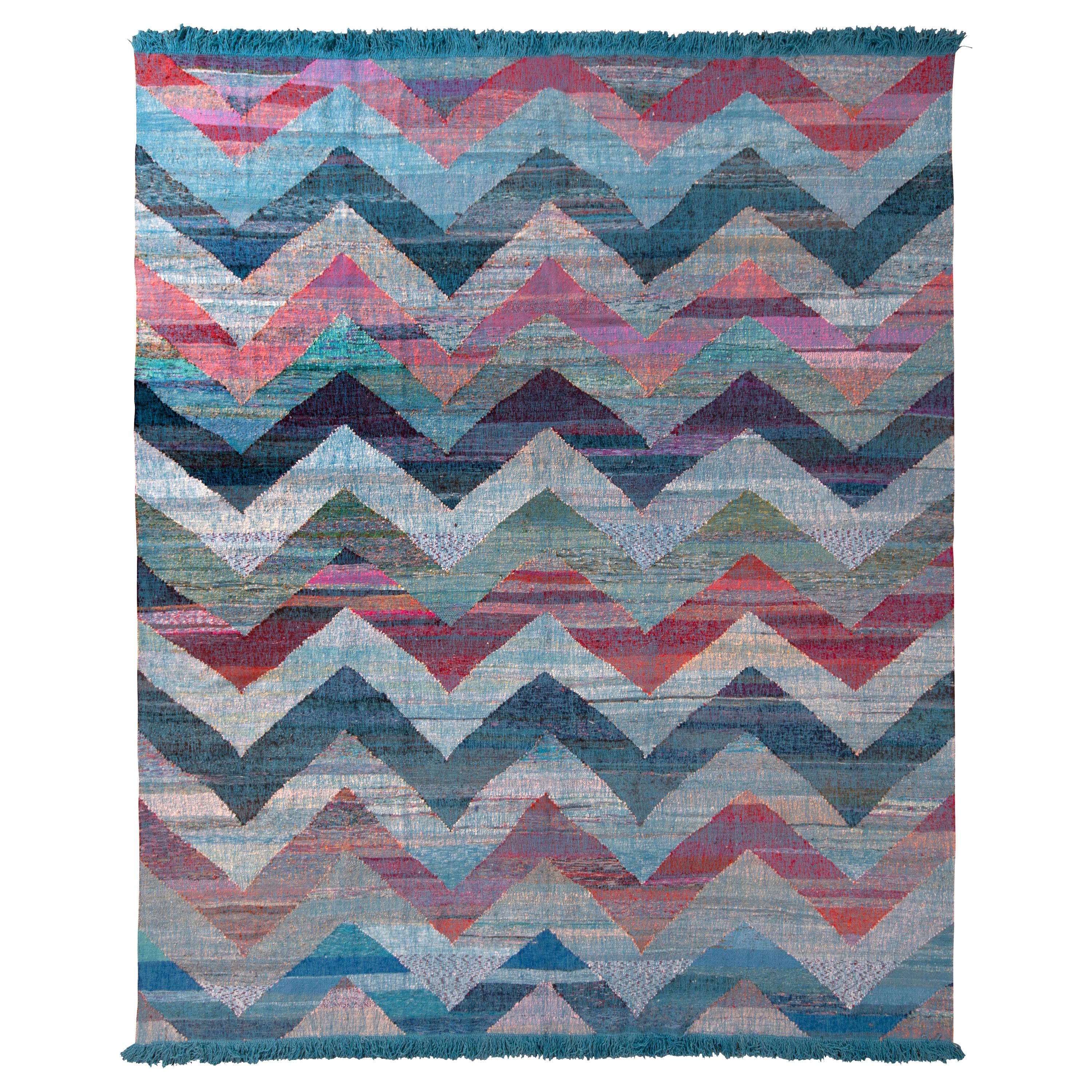 Rug & Kilim's Modern Geometric Wool Kilim Blue Multicolor Chevron Pattern