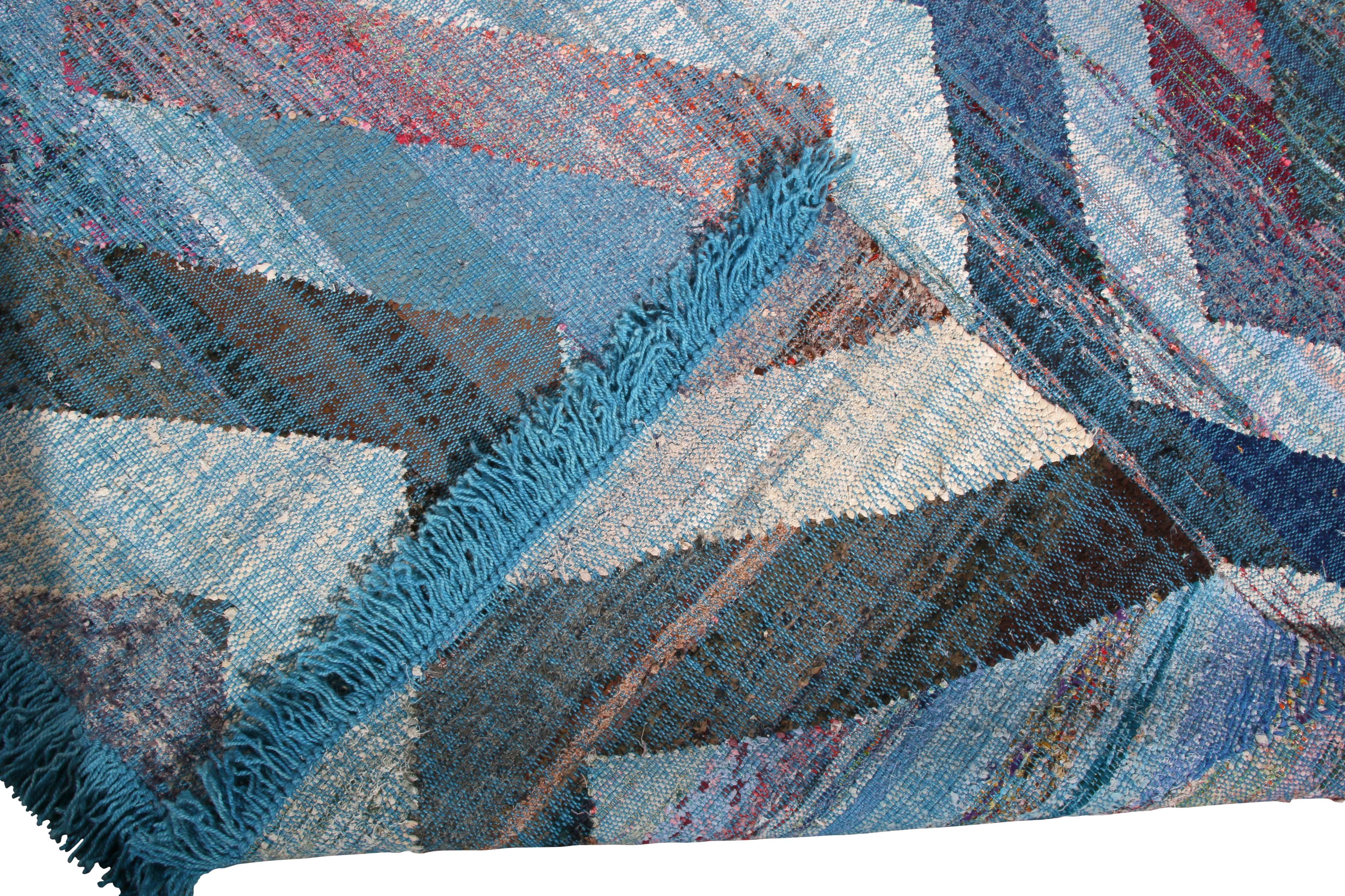 Hand-Woven Rug & Kilim's Modern Geometric Wool Kilim Blue White Multicolor Chevron Pattern For Sale