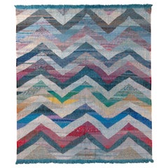 Rug & Kilim's Modern Geometric Wool Kilim Blue White Multicolor Chevron Pattern (Tapis & Kilim)