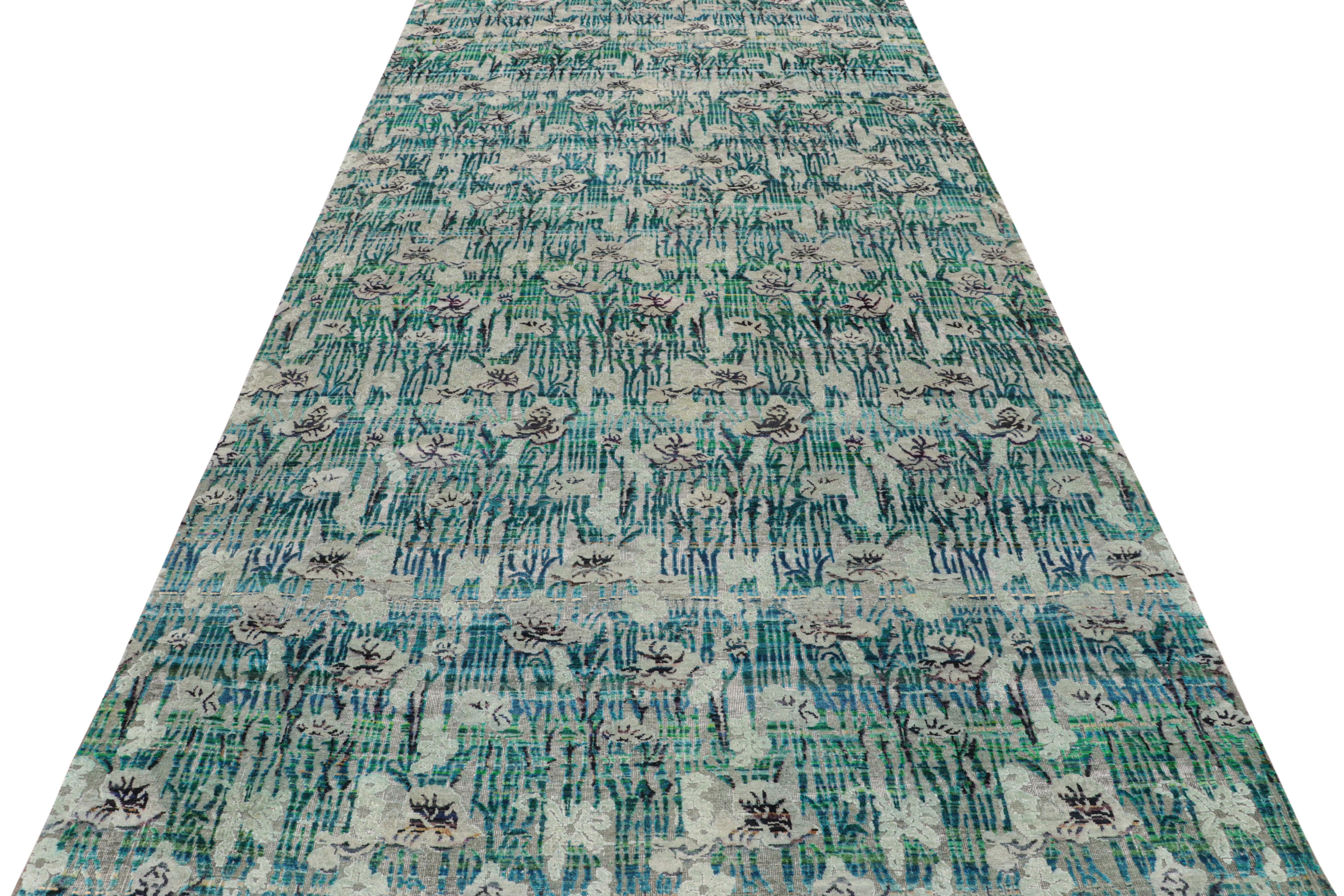 Hand-Knotted Rug & Kilim's Modern Hand Knotted Silk Floral Rug Green Blue and Gray Pattern For Sale