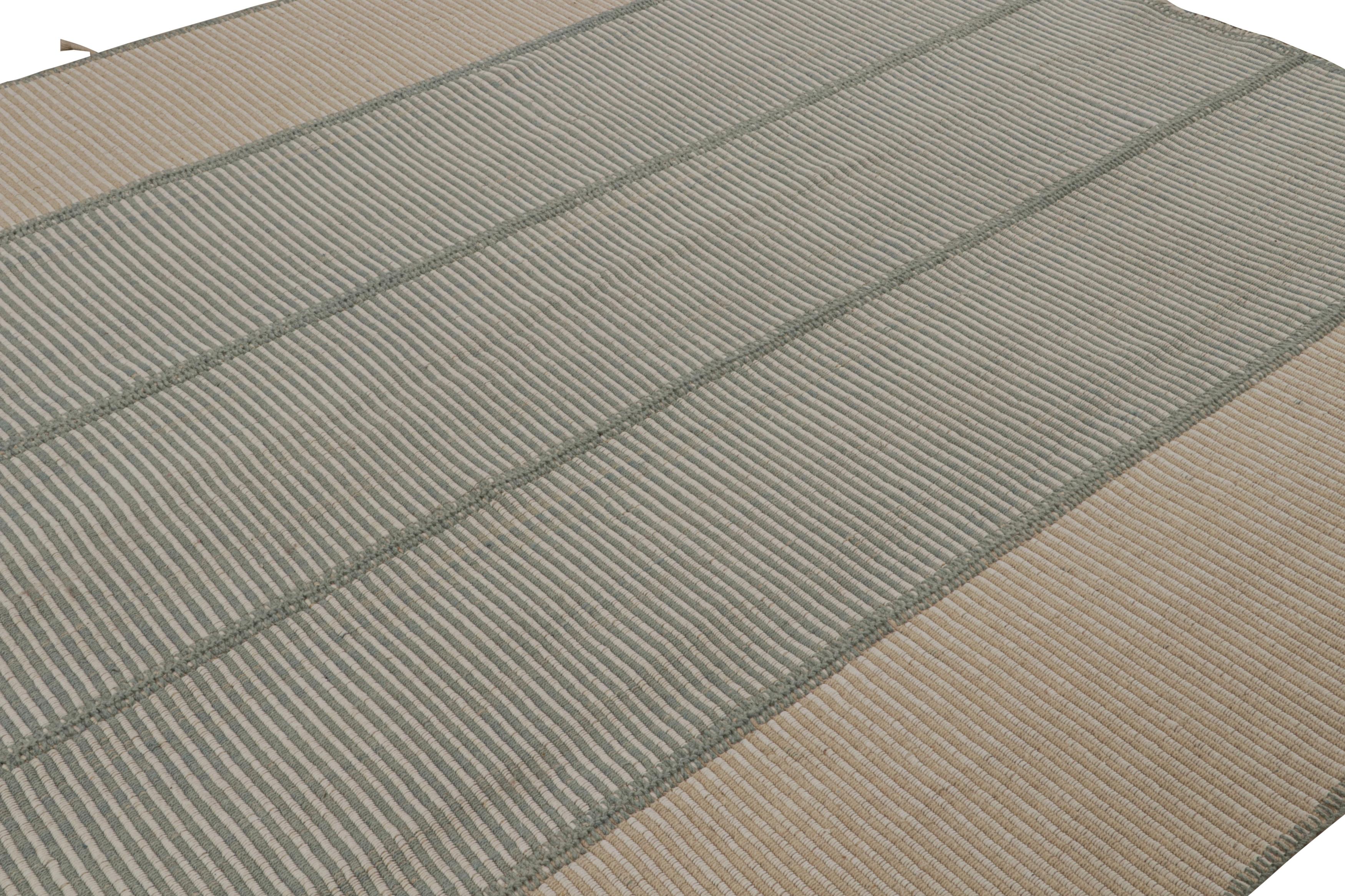Hand-Woven Rug & Kilim’s Modern Kilim in Beige & Blue Stripes For Sale
