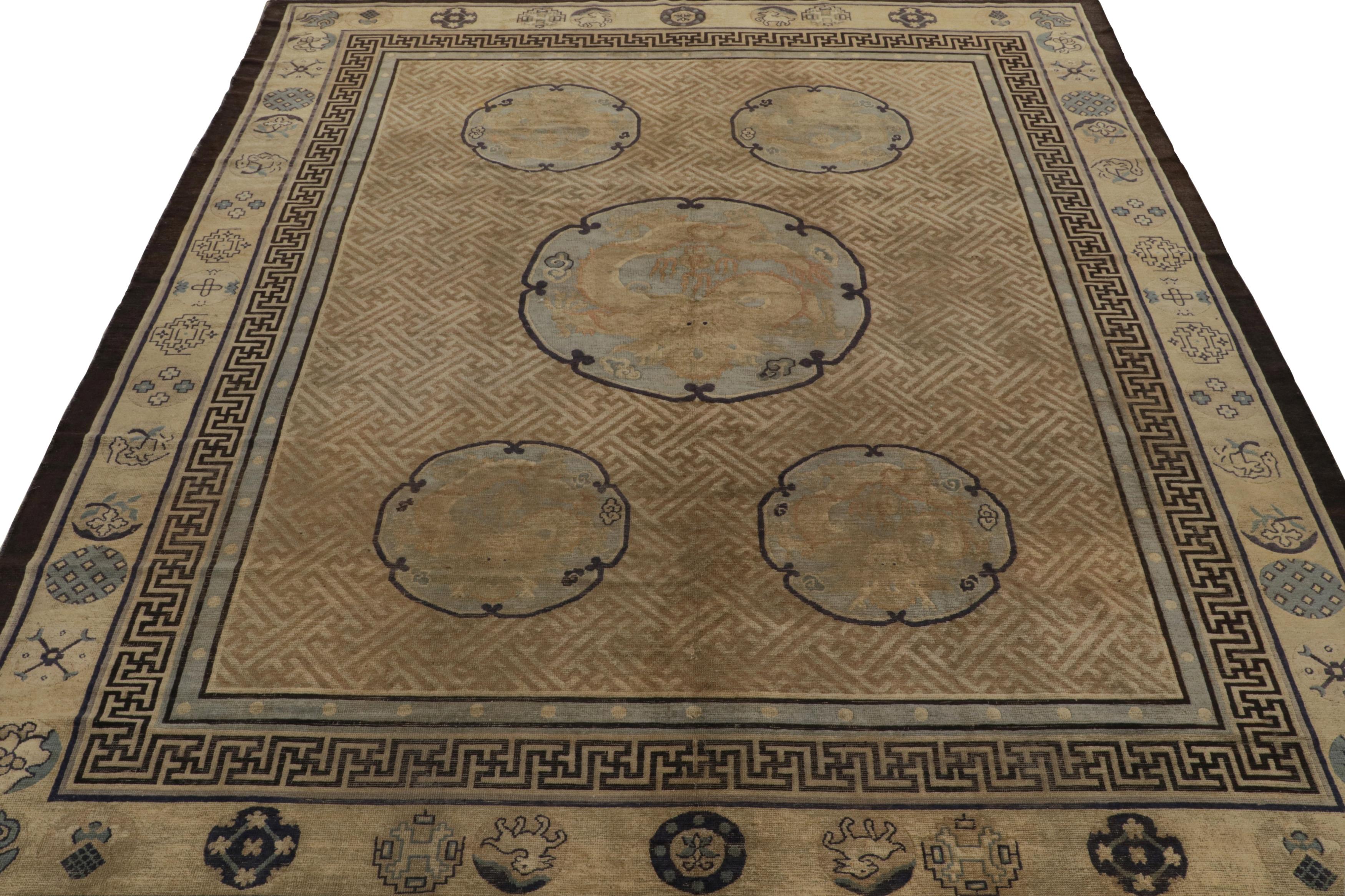 Hand-Knotted Antique Chinese Dragon Rug in Gold with Pictorial Medallions, from Rug & Kilim For Sale