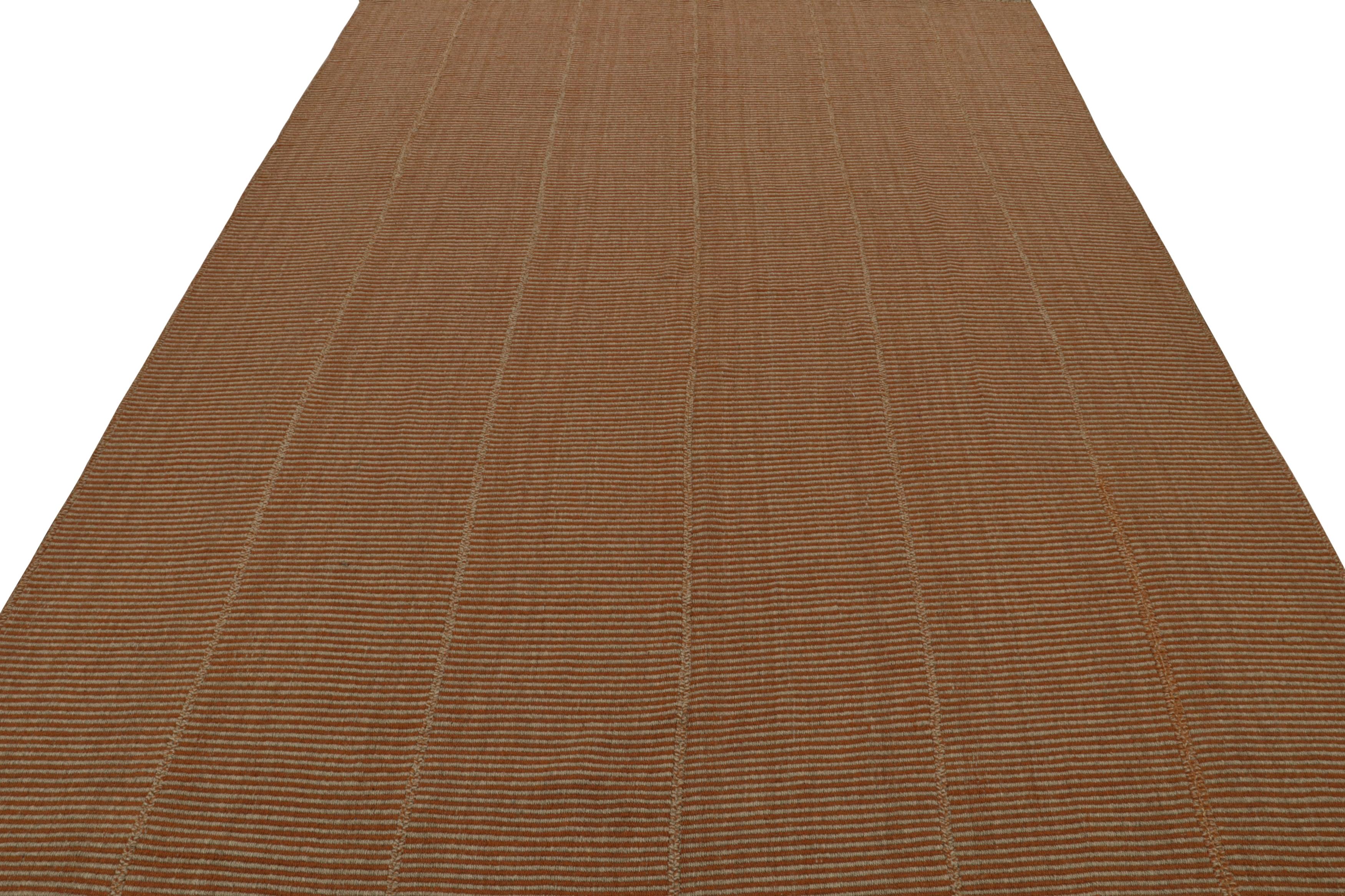 Afghan Rug & Kilim’s Modern Kilim in Beige & Rust orange stripes with Taupe accents  For Sale
