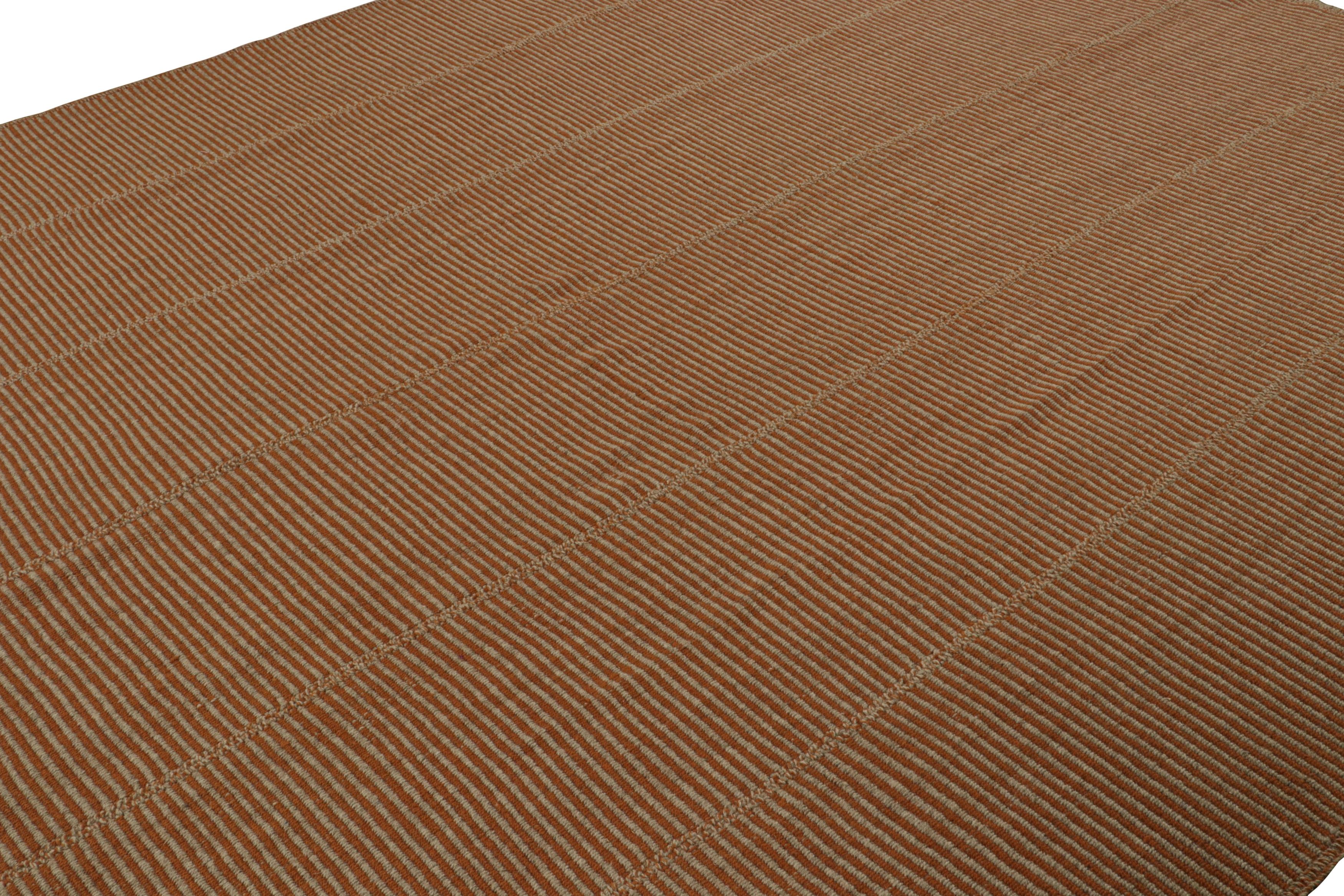 Hand-Woven Rug & Kilim’s Modern Kilim in Beige & Rust orange stripes with Taupe accents  For Sale