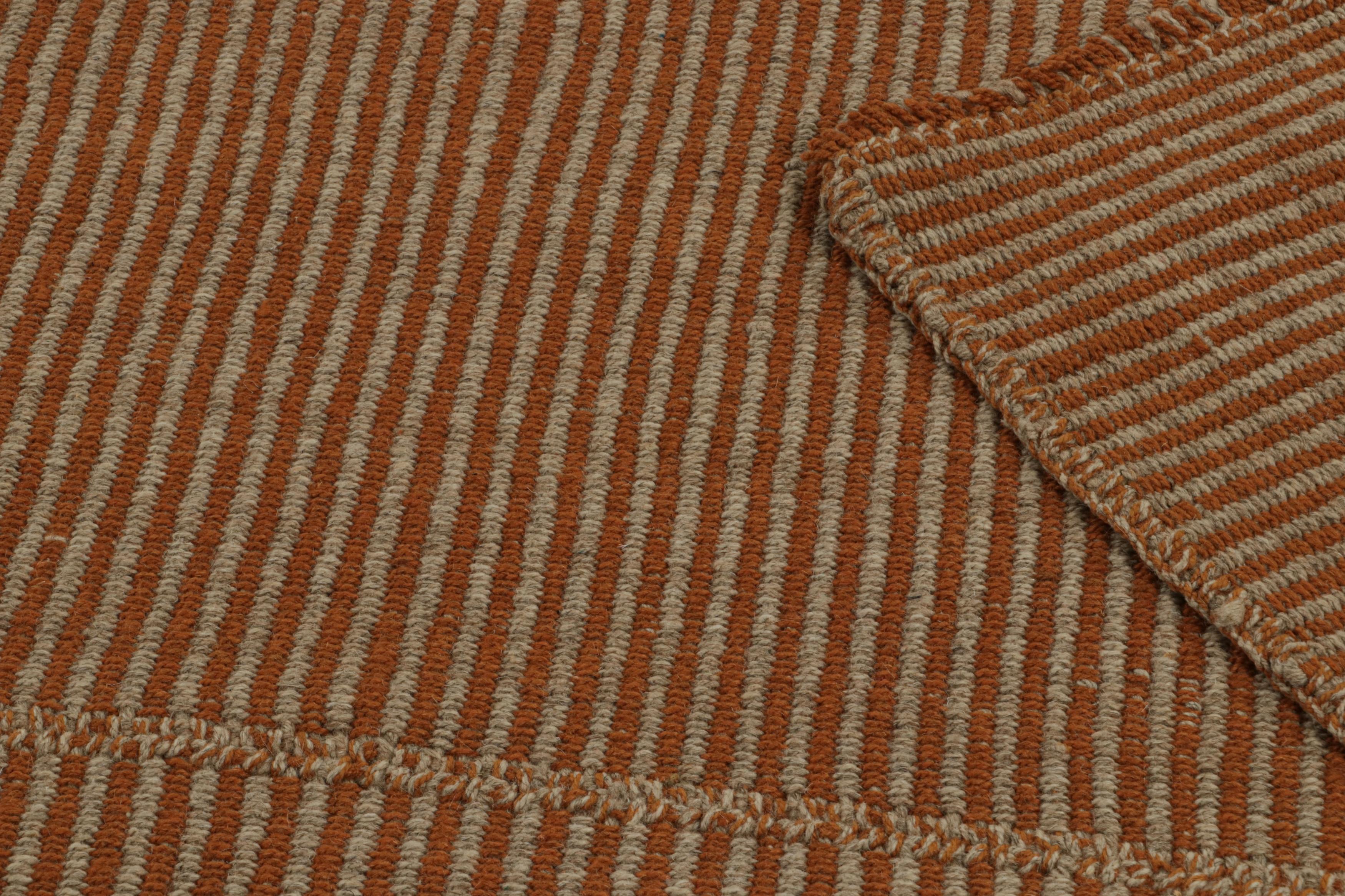 Wool Rug & Kilim’s Modern Kilim in Beige & Rust orange stripes with Taupe accents  For Sale