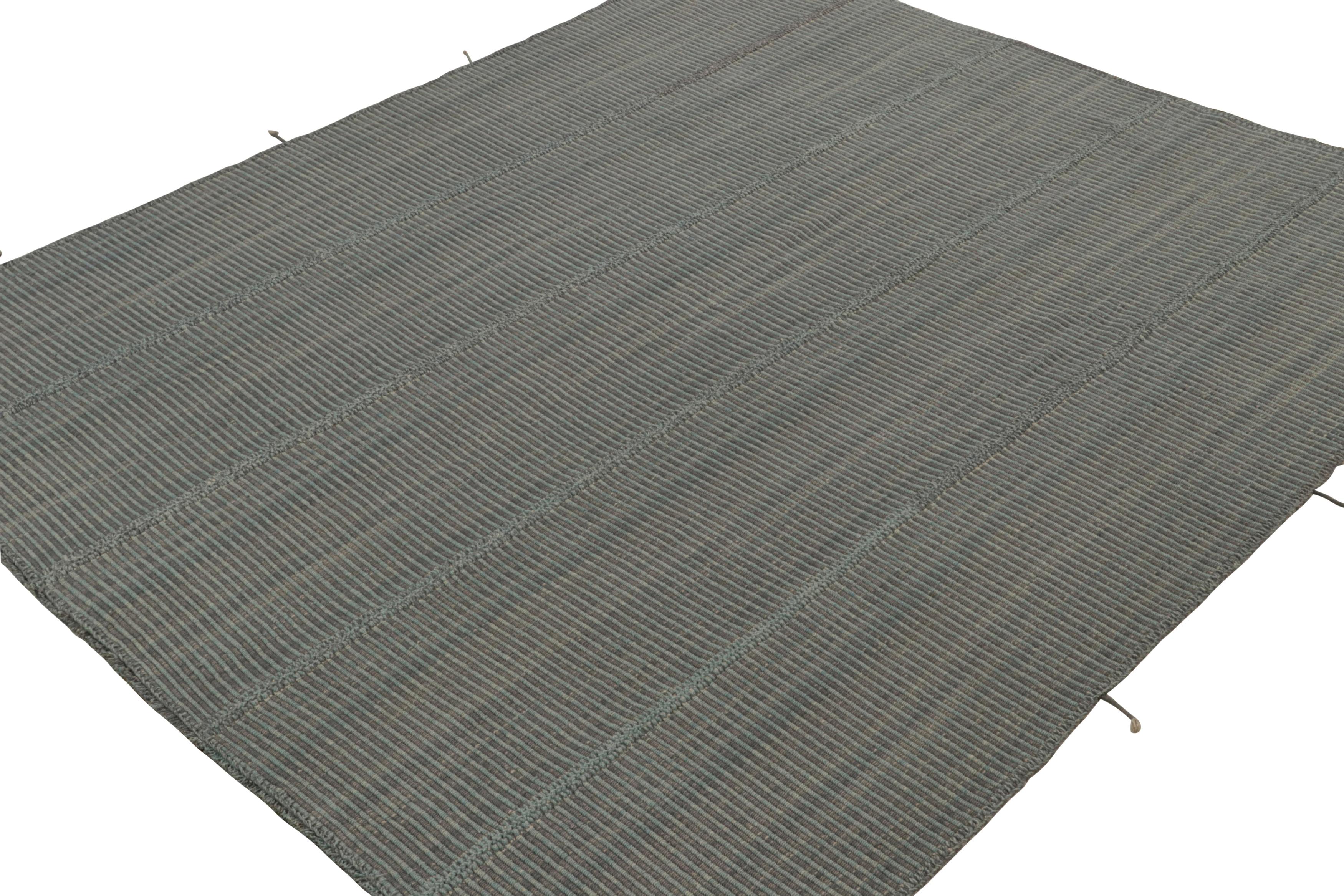 Handwoven in wool, an 8x10 Kilim design from an inventive new contemporary flat weave collection by Rug & Kilim.

On the Design: 

Fondly dubbed, “Rez Kilims”, this modern take on classic panel-weaving enjoys a fabulous, unique play of cool slate