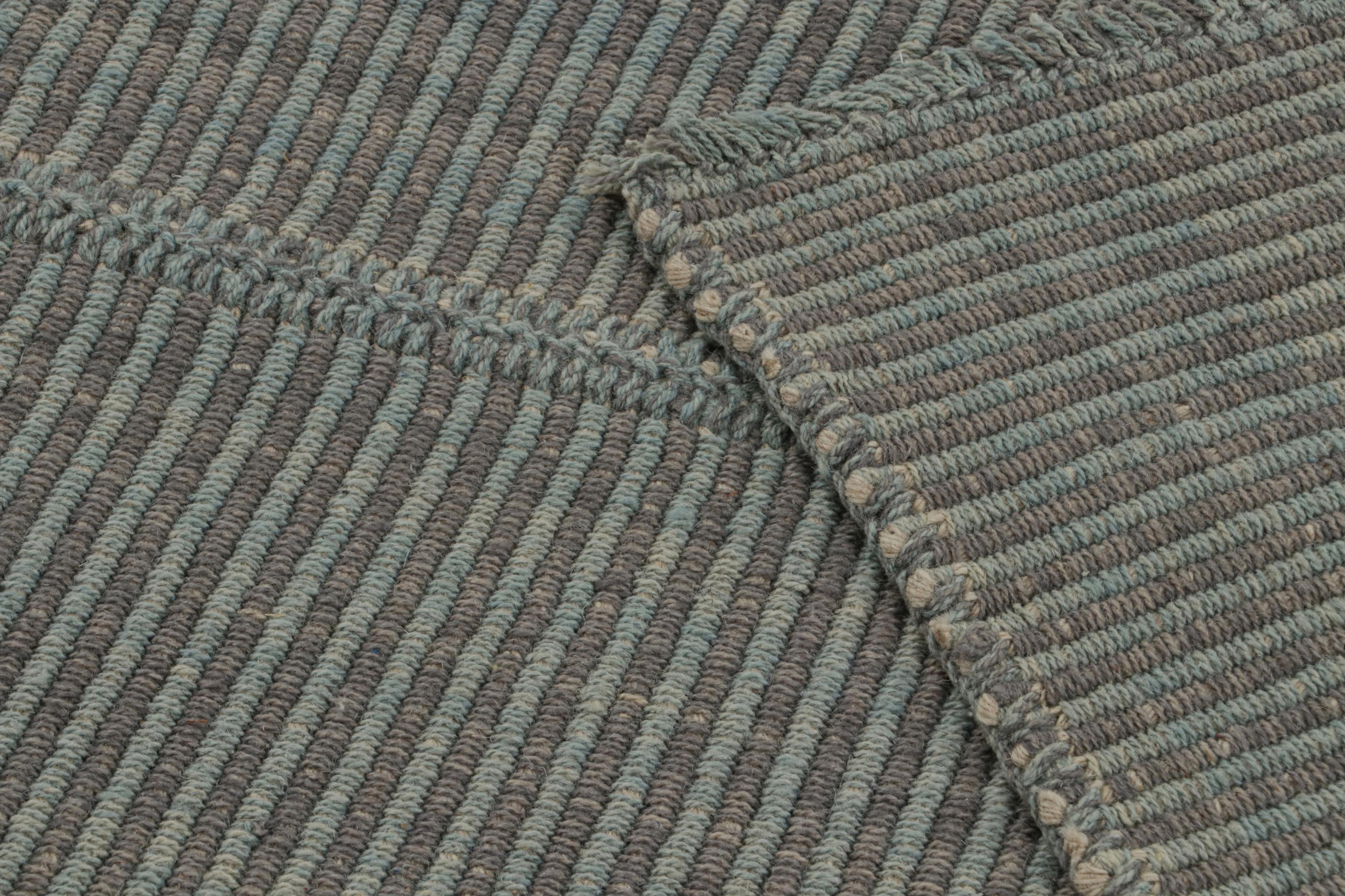 Wool Rug & Kilim’s Modern Kilim in Gray & Blue Stripes For Sale
