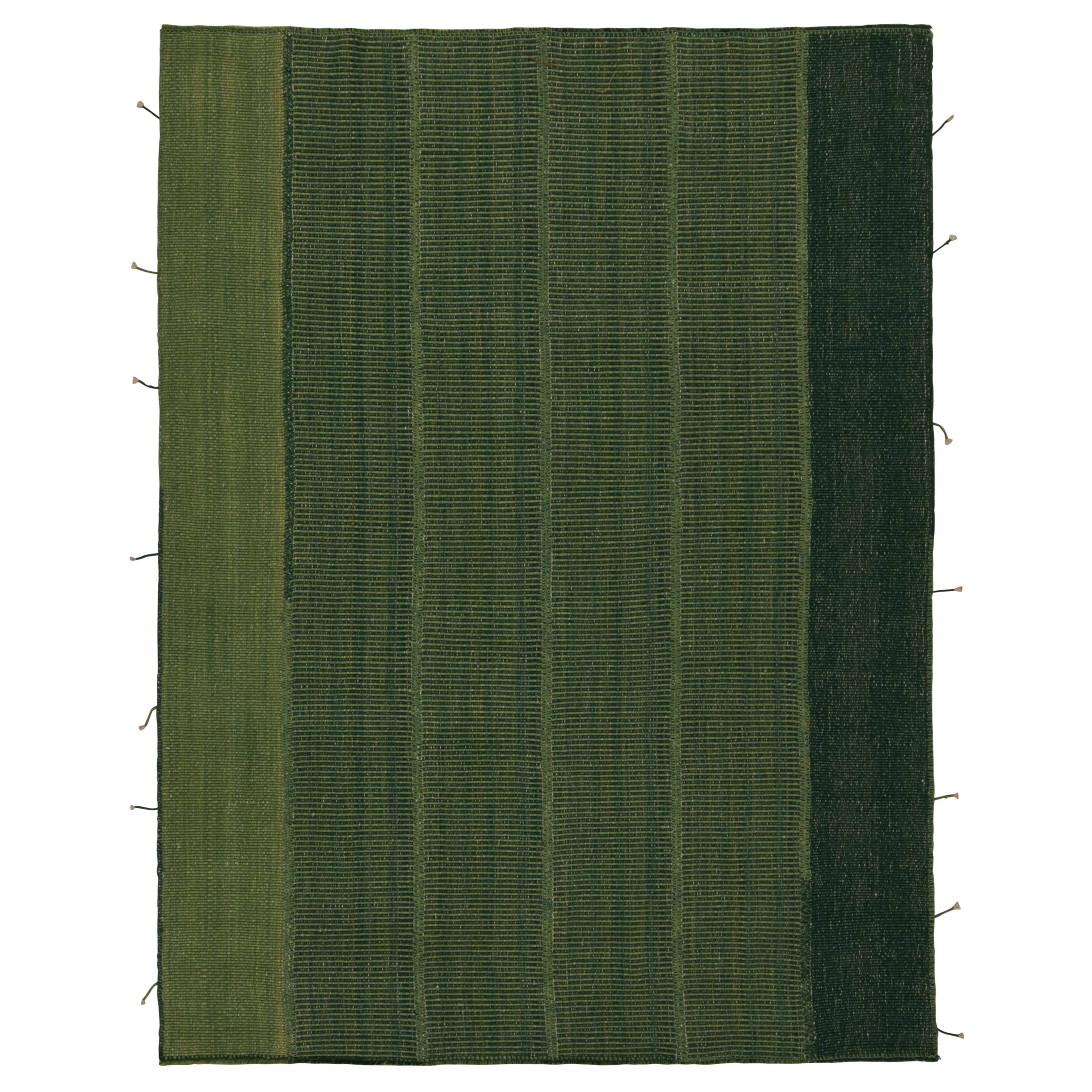 Rug & Kilim’s Modern Kilim in Green stripes with Forest & Chartreuse accents  For Sale