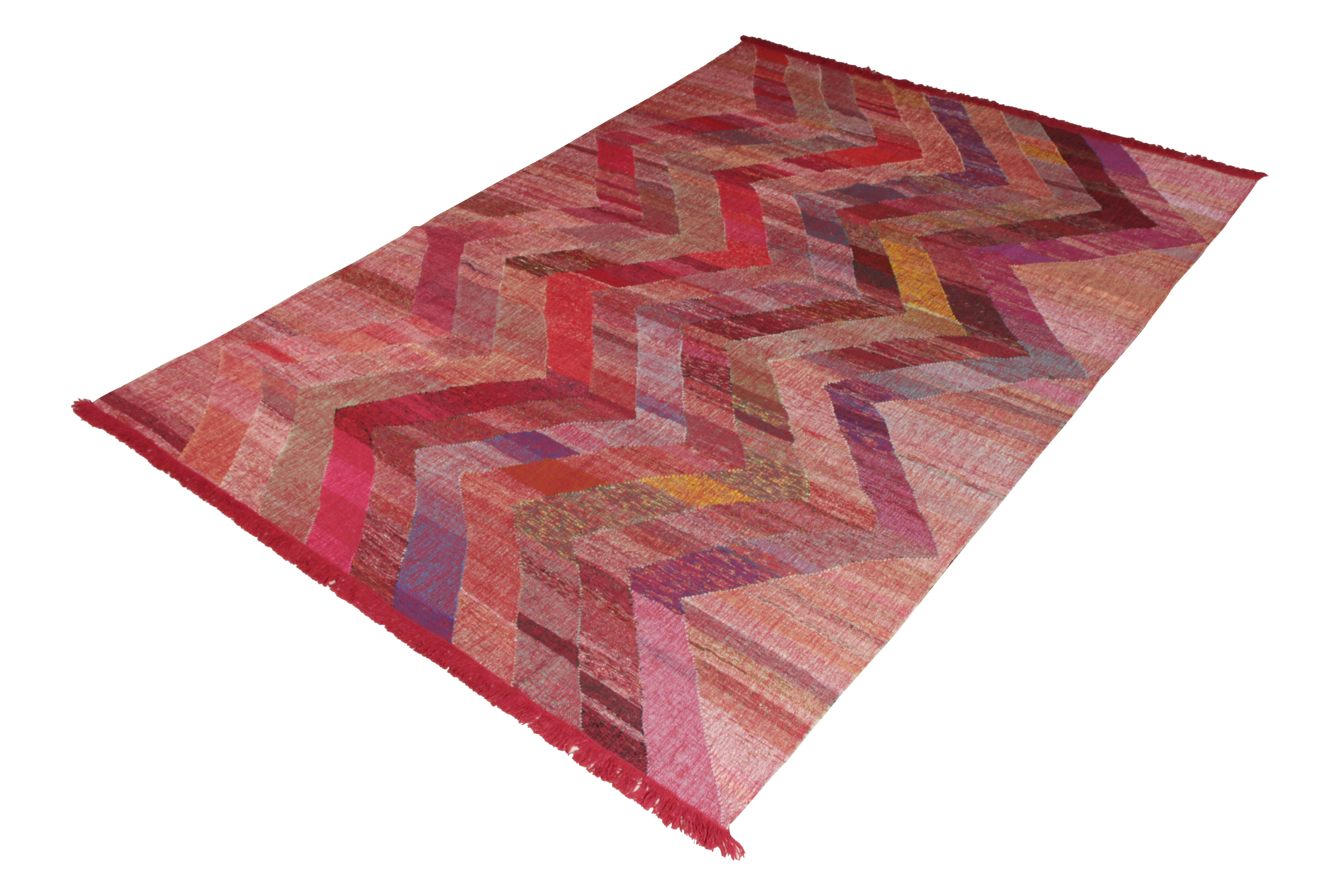 This modern Kilim represents a selection of distinct new patterns joining Rug & Kilim’s titular Kilim & flat-weave collection, with this piece representing a sub collection uniquely handwoven from the yarns of Classic textiles and Kilims to create