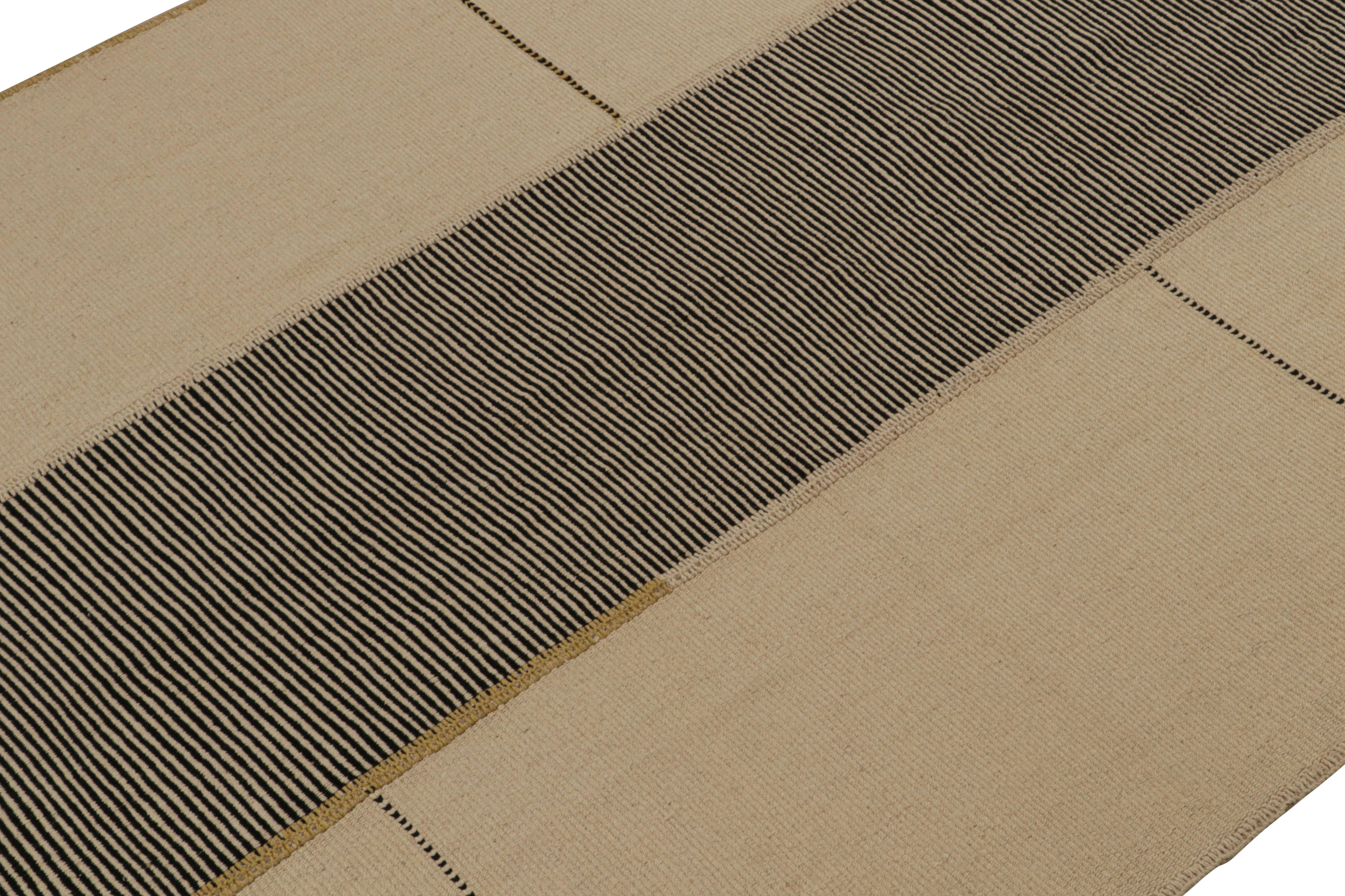Hand-Woven Rug & Kilim’s Modern Kilim Rug in Beige, Black & Gold Textural Stripes  For Sale