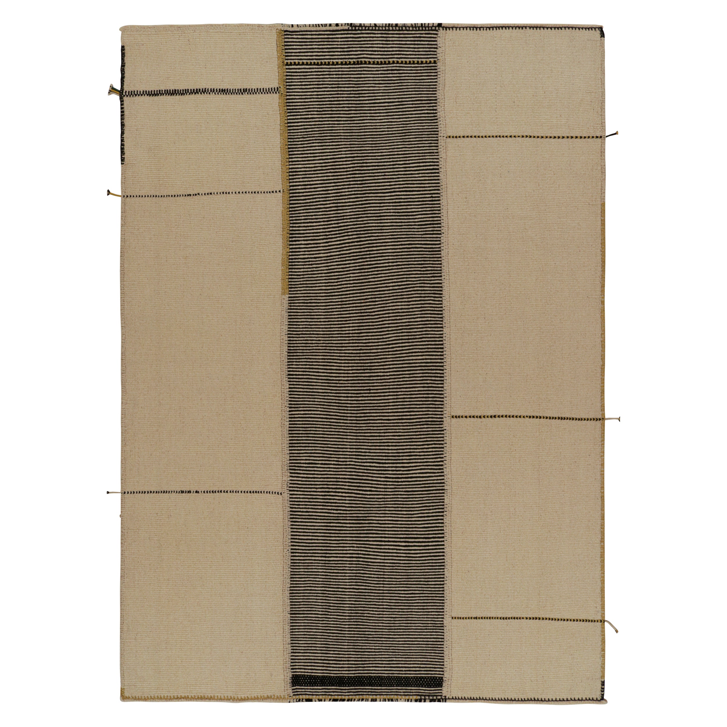 Rug & Kilim’s Modern Kilim Rug in Beige, Black & Gold Textural Stripes For Sale