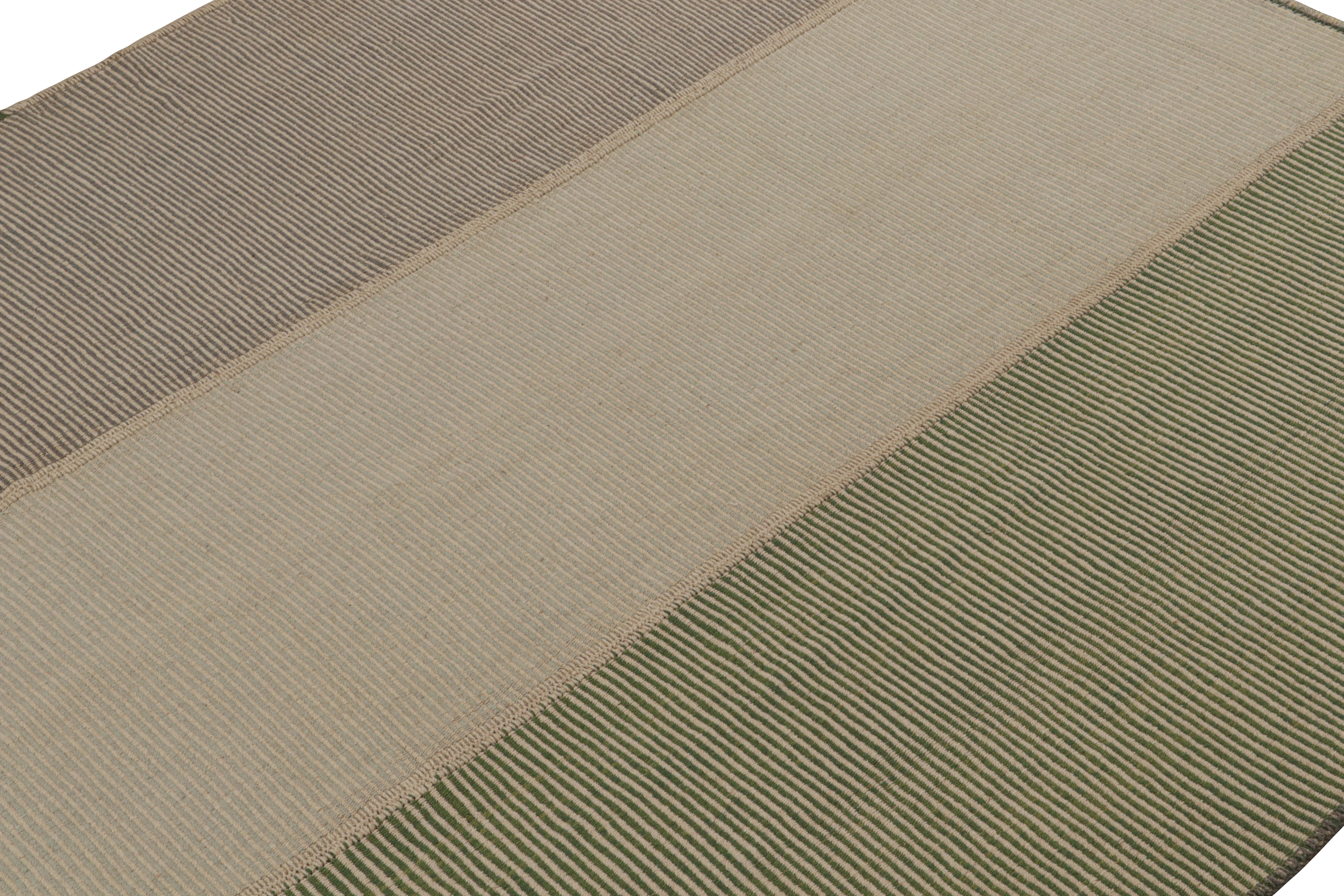 Hand-Woven Rug & Kilim’s Modern Kilim Rug in Beige-Brown & Green Textural Stripes For Sale