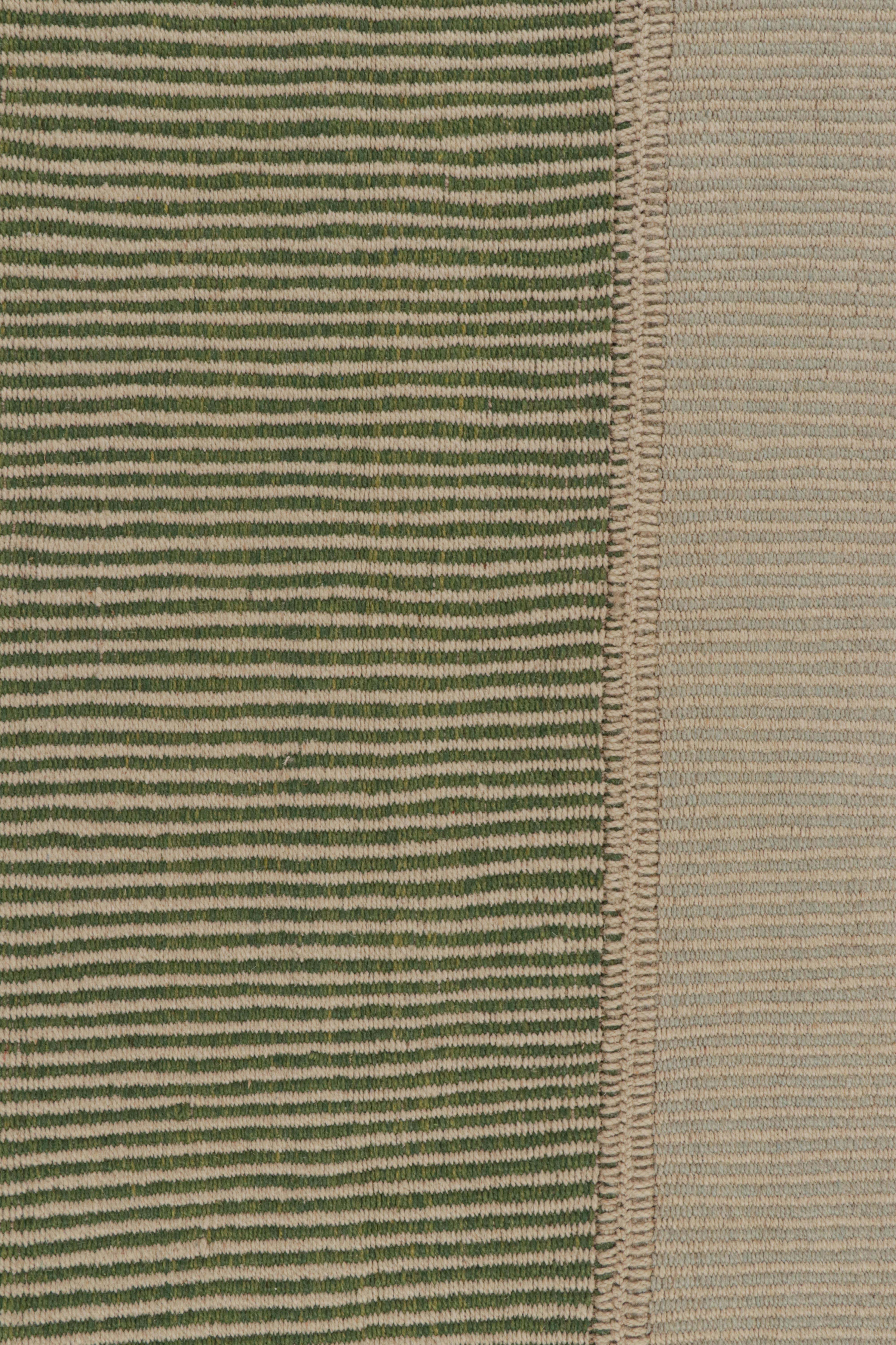 Contemporary Rug & Kilim’s Modern Kilim Rug in Beige-Brown & Green Textural Stripes For Sale