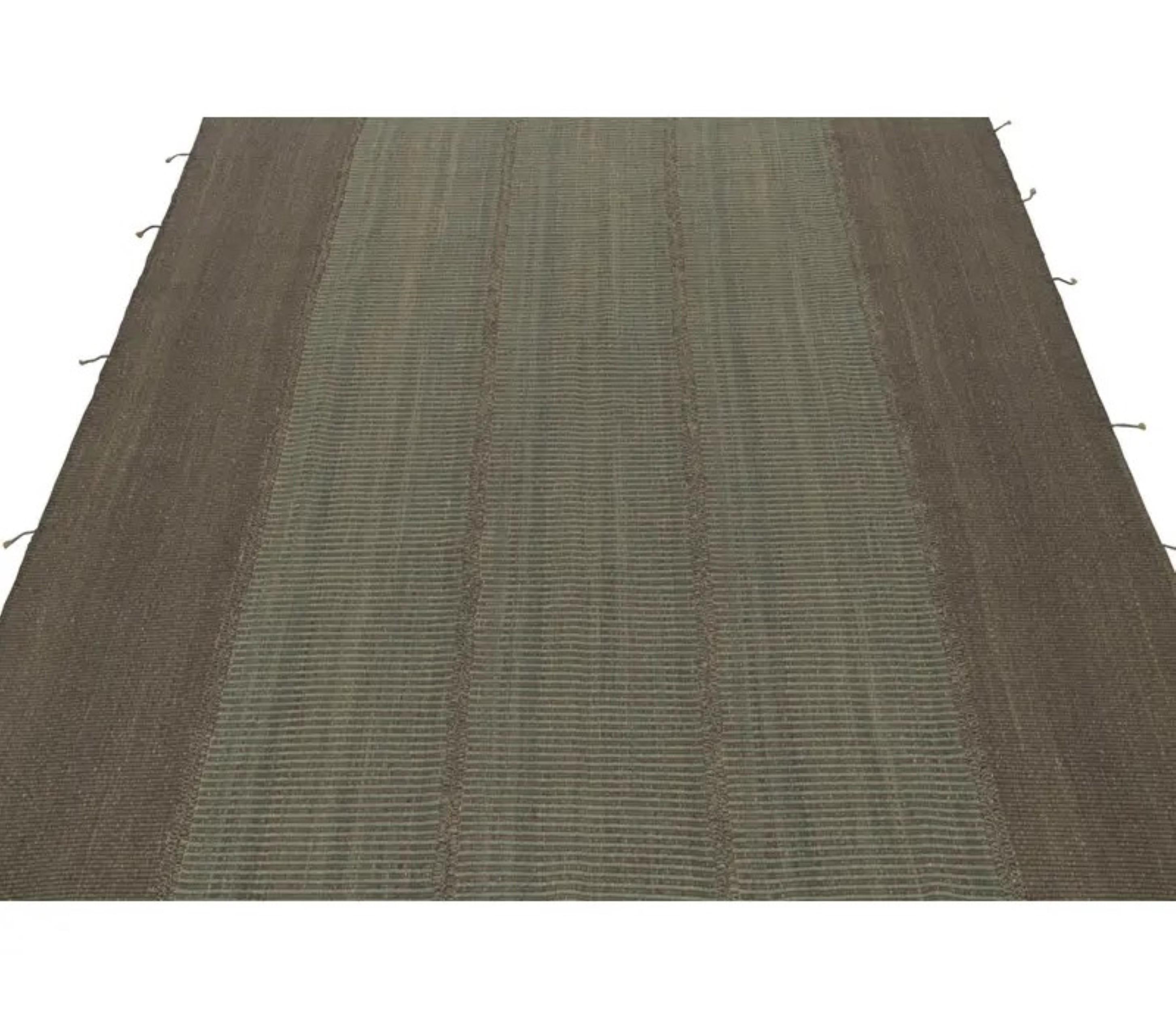 Afghan Rug & Kilim’s Modern Kilim Rug in Brown & Blue Textural Stripes For Sale