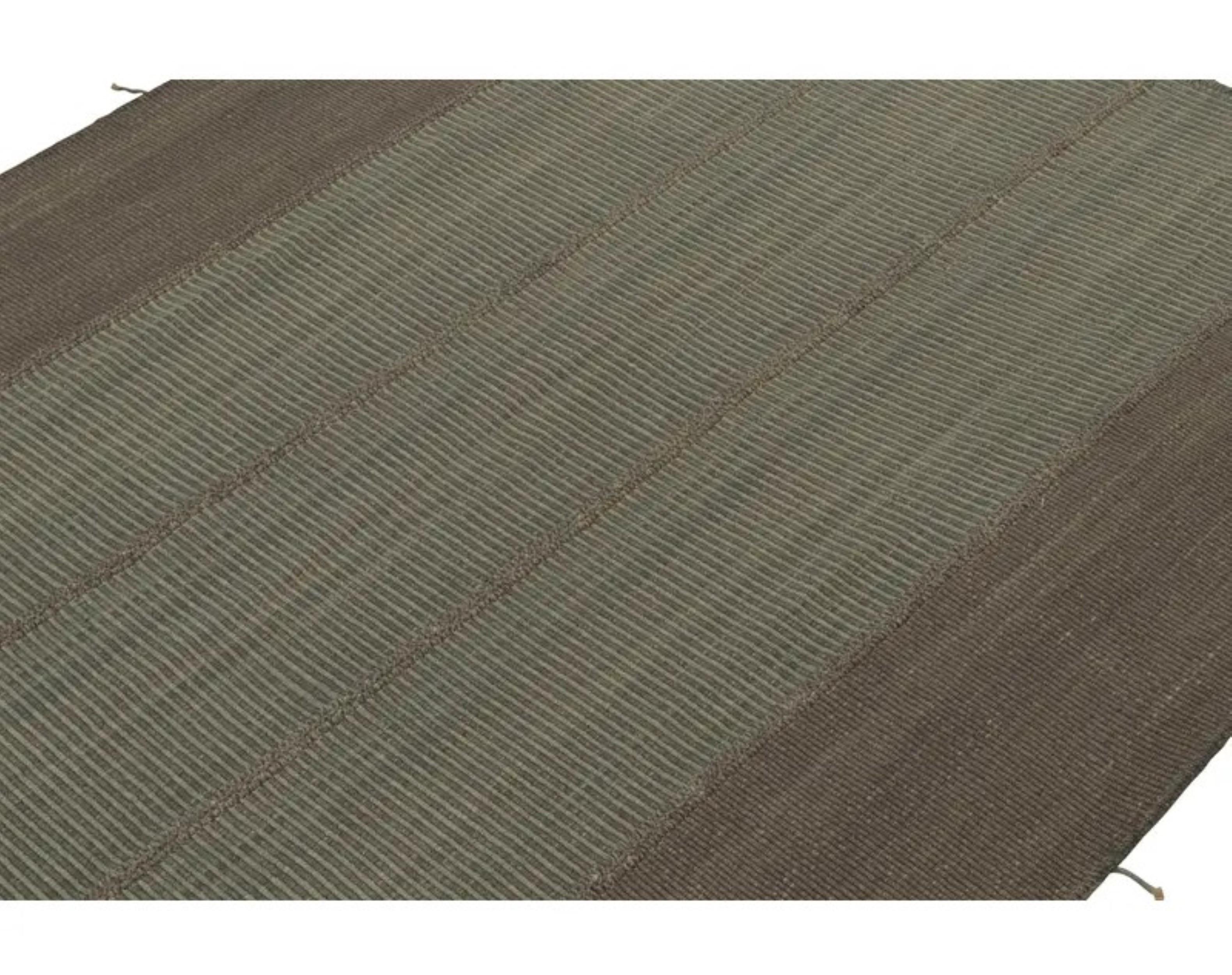 Hand-Woven Rug & Kilim’s Modern Kilim Rug in Brown & Blue Textural Stripes For Sale