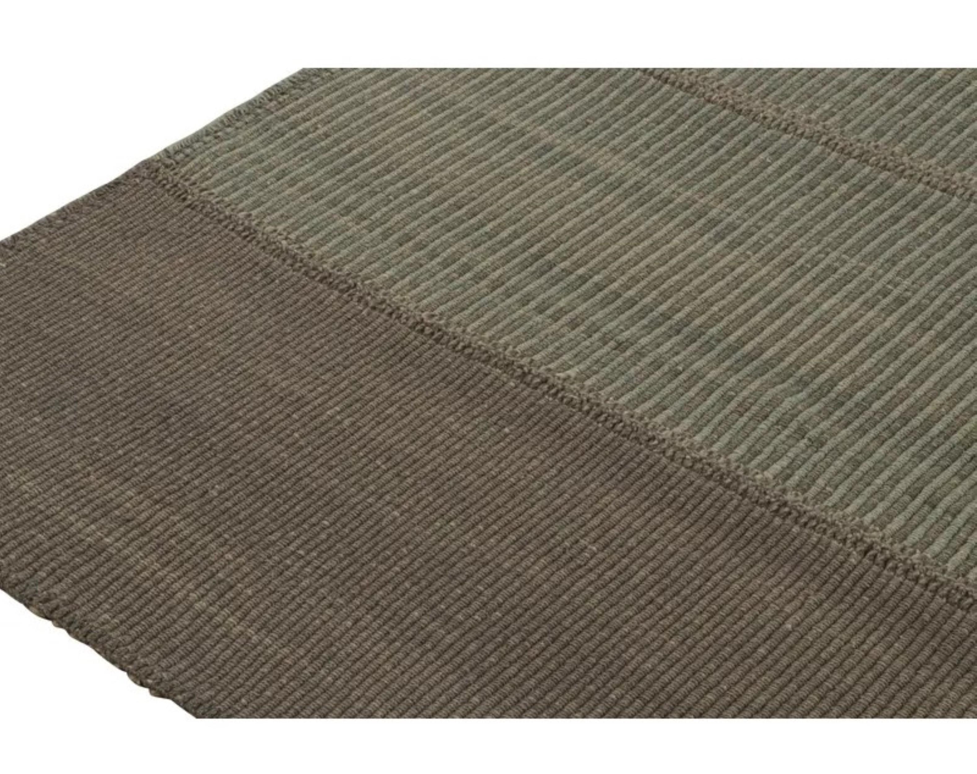 Rug & Kilim’s Modern Kilim Rug in Brown & Blue Textural Stripes In New Condition For Sale In Long Island City, NY