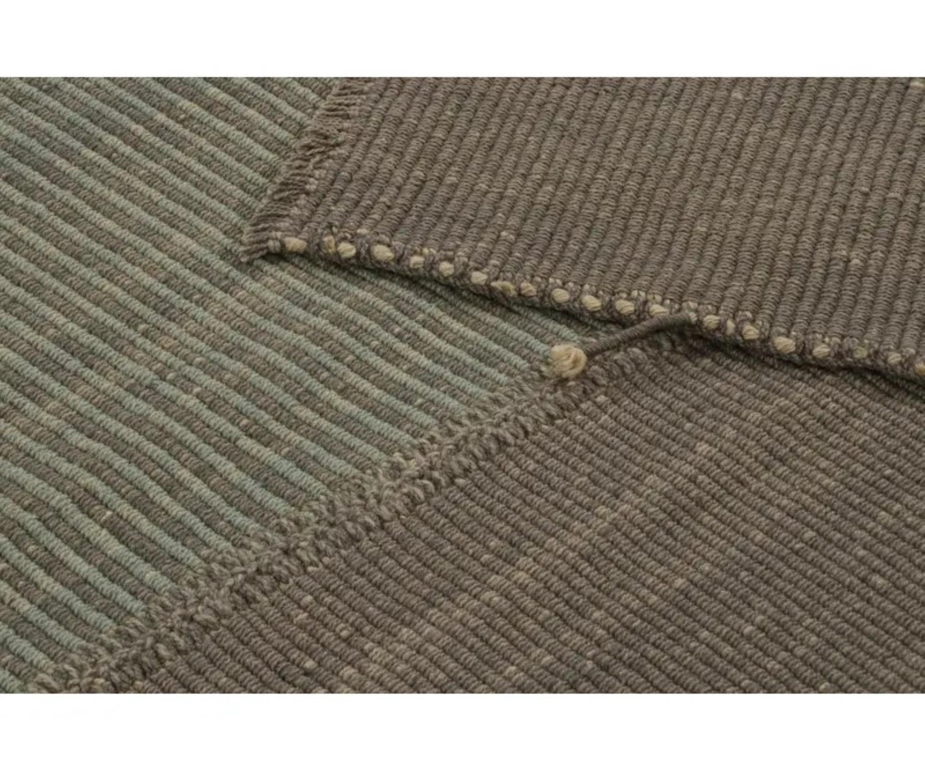 Wool Rug & Kilim’s Modern Kilim Rug in Brown & Blue Textural Stripes For Sale