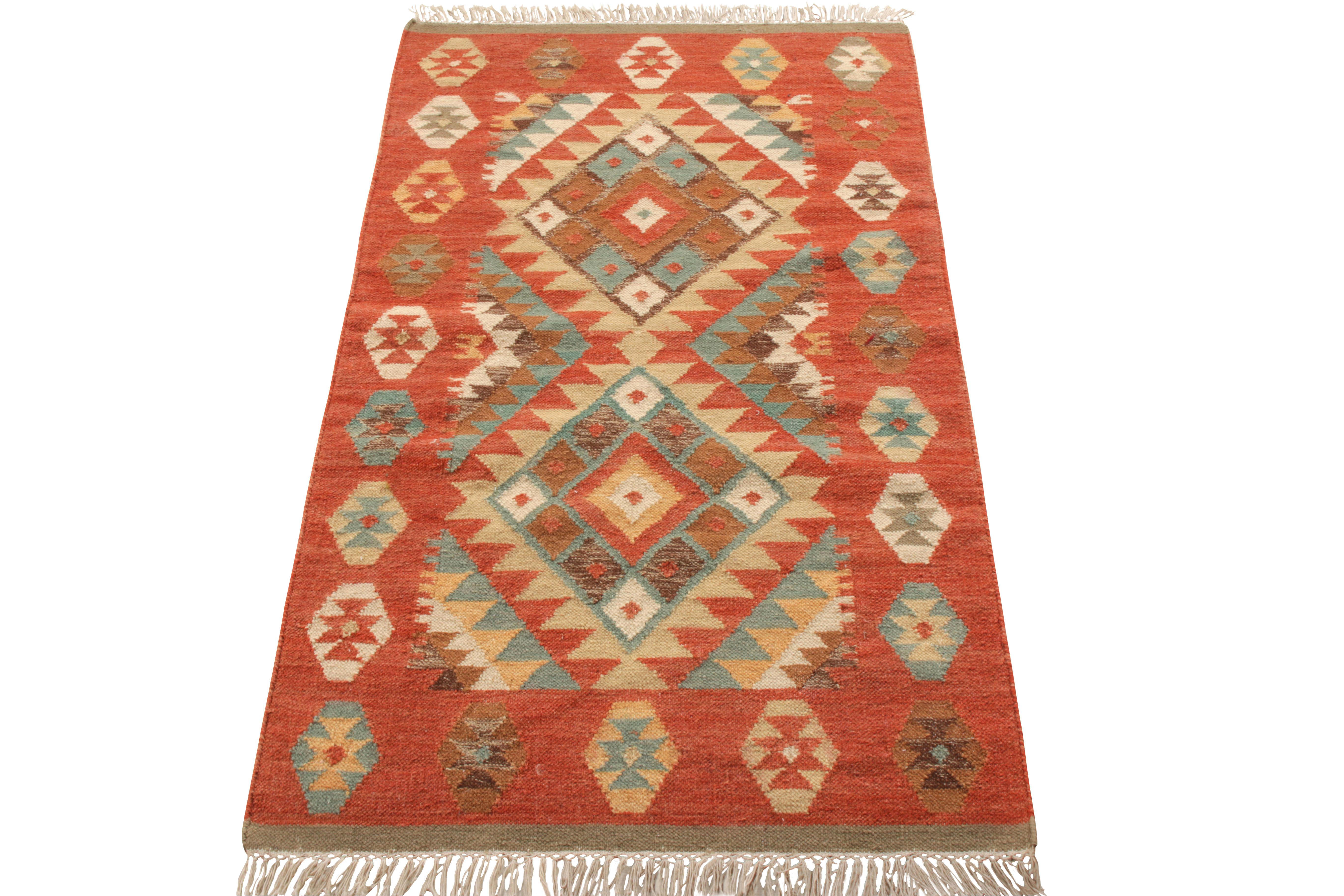 A 3 x 5 Kilim, handwoven in wool joining Rug & Kilim’s collection. The vision of design encompasses a scintillating all over geometric pattern scaling harmoniously through the length of the weave for an eye catching sense of movement. The drawing