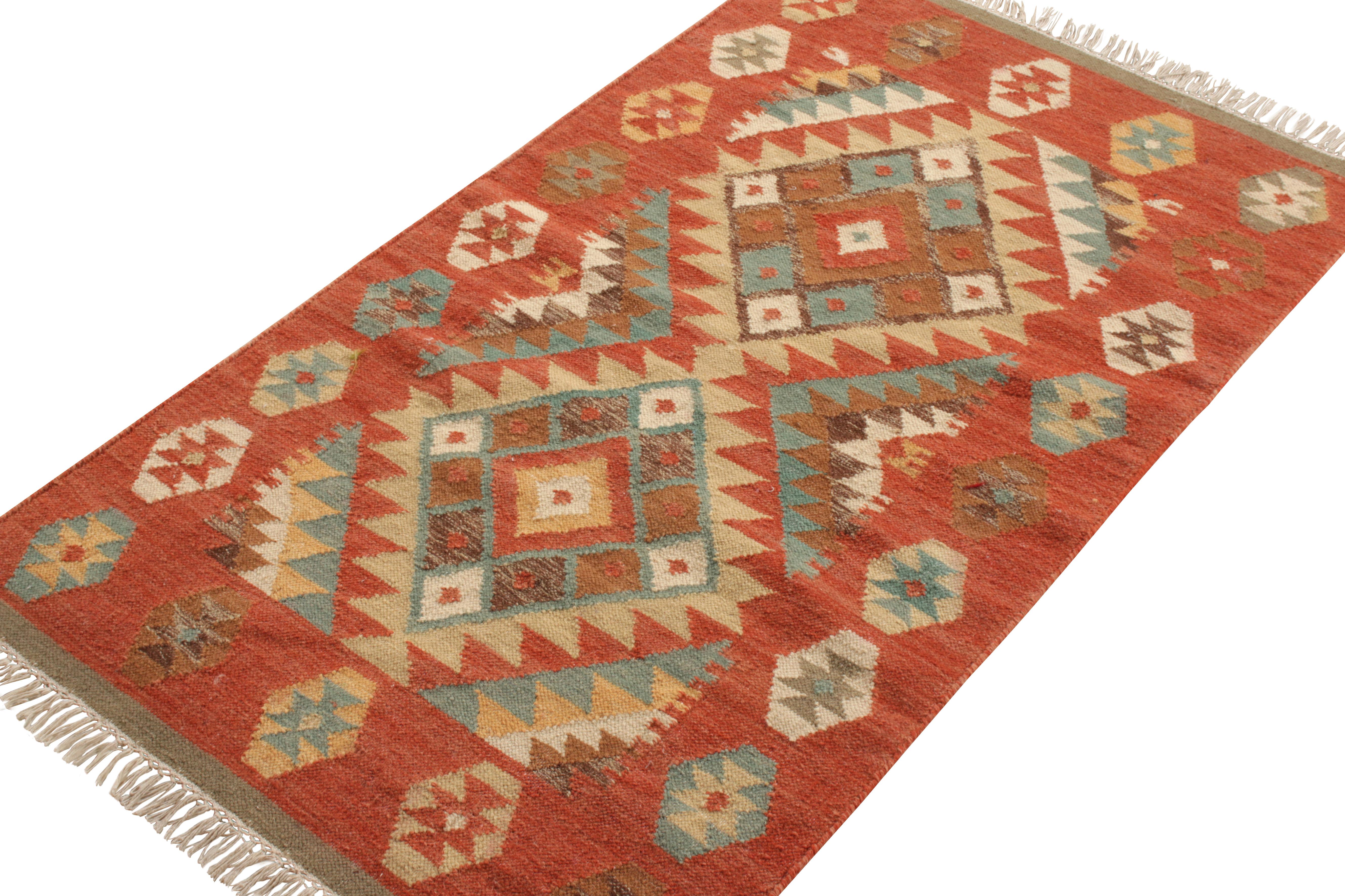 Turkish Rug & Kilim’s Modern Kilim Rug in Red and Blue Geometric Pattern For Sale