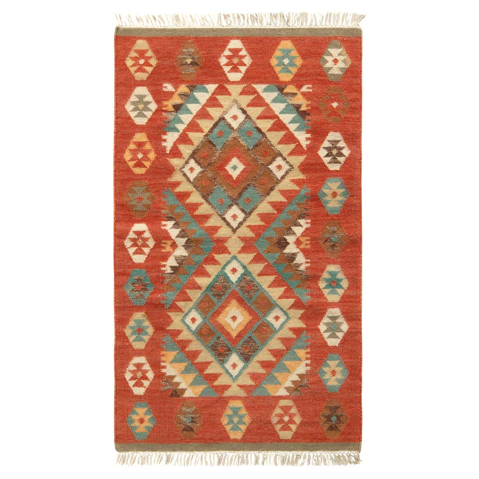 Hand Embroidered Ikat Kilim in Blue Red and White For Sale at 1stDibs