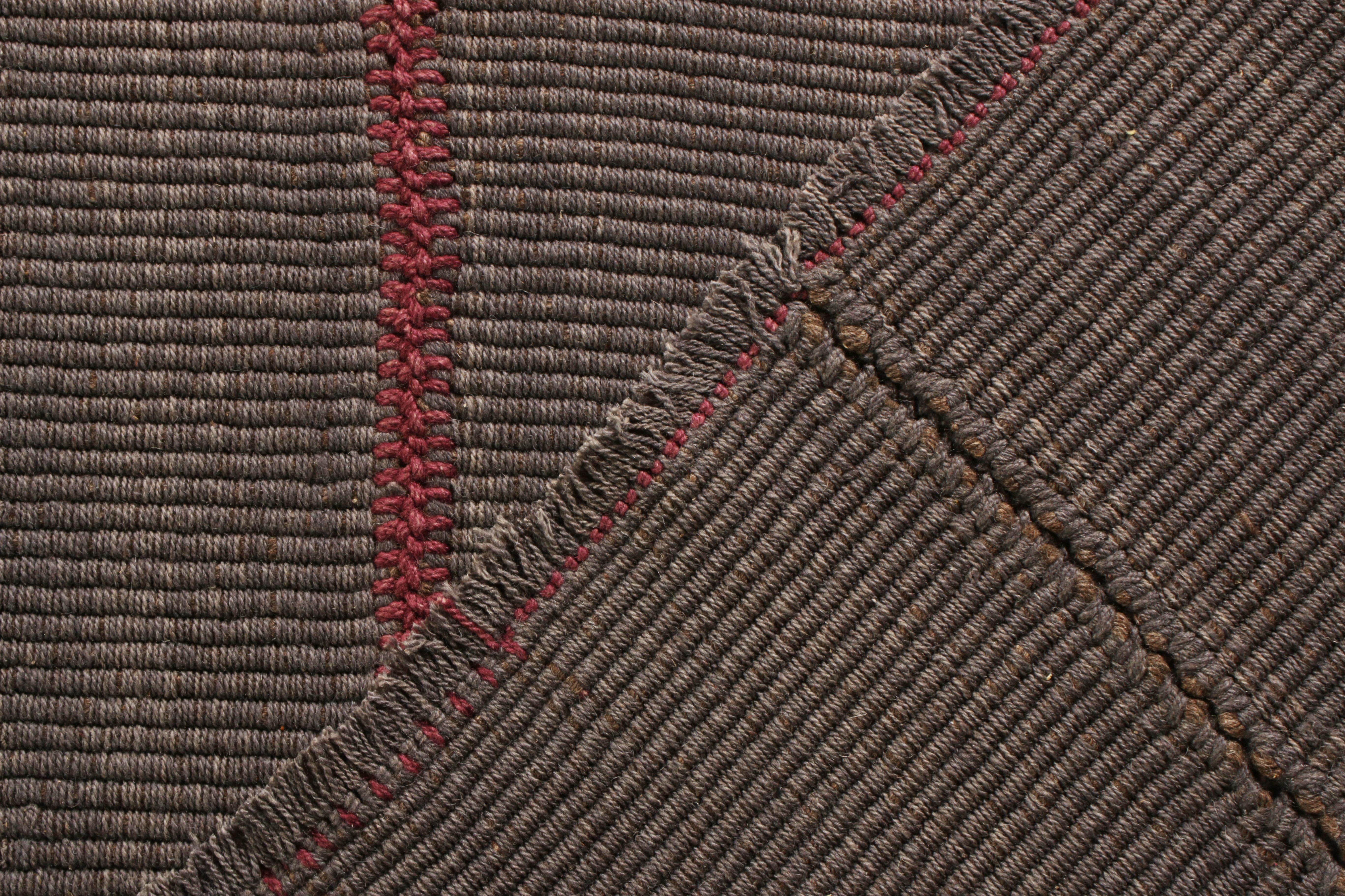 Wool Rug & Kilim’s Modern Kilim Rug in Red and Gray-Brown Striped Patterns For Sale
