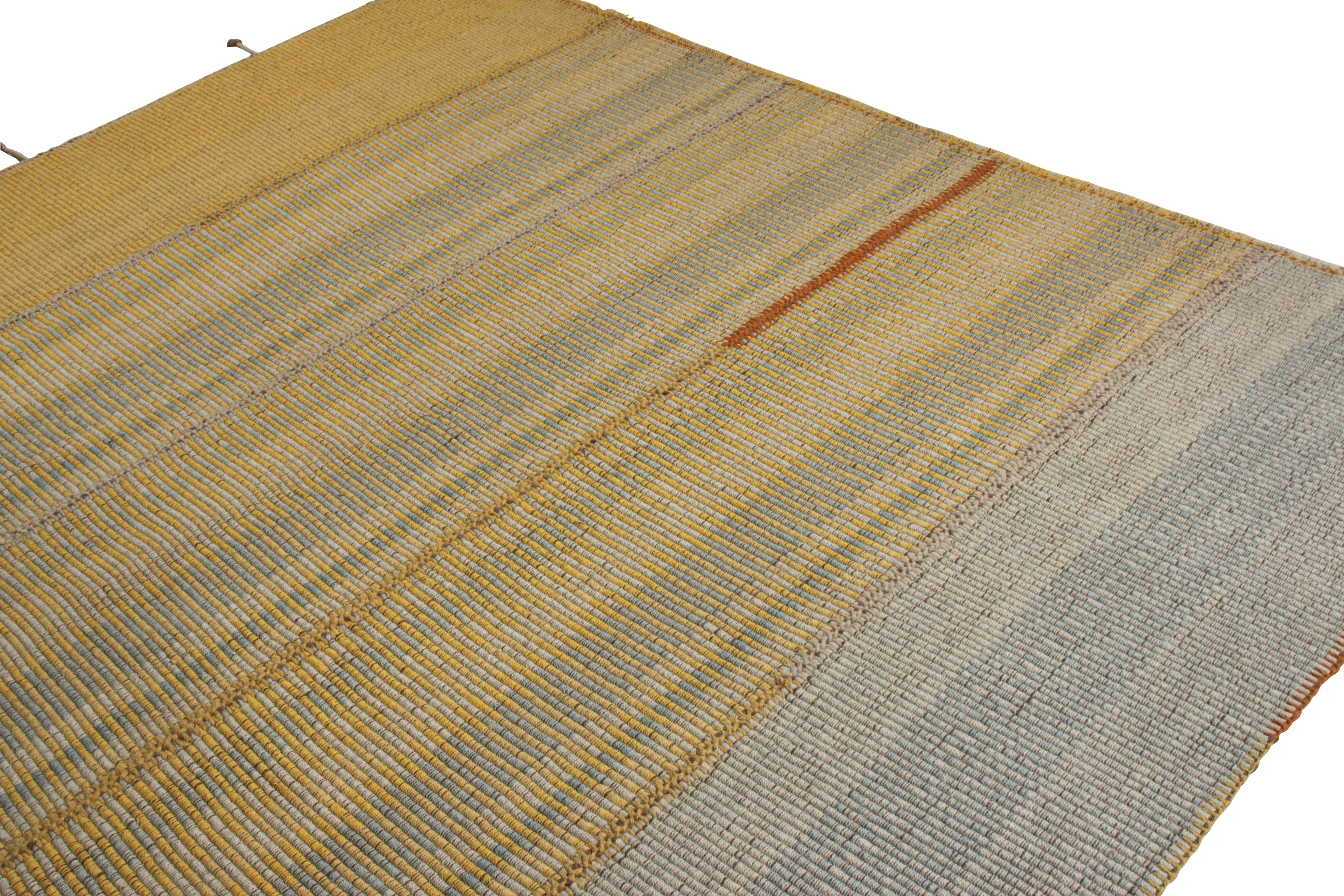 Hand-Knotted Rug & Kilim’s Modern Kilim Rug in Yellow and Blue Striped Pattern For Sale